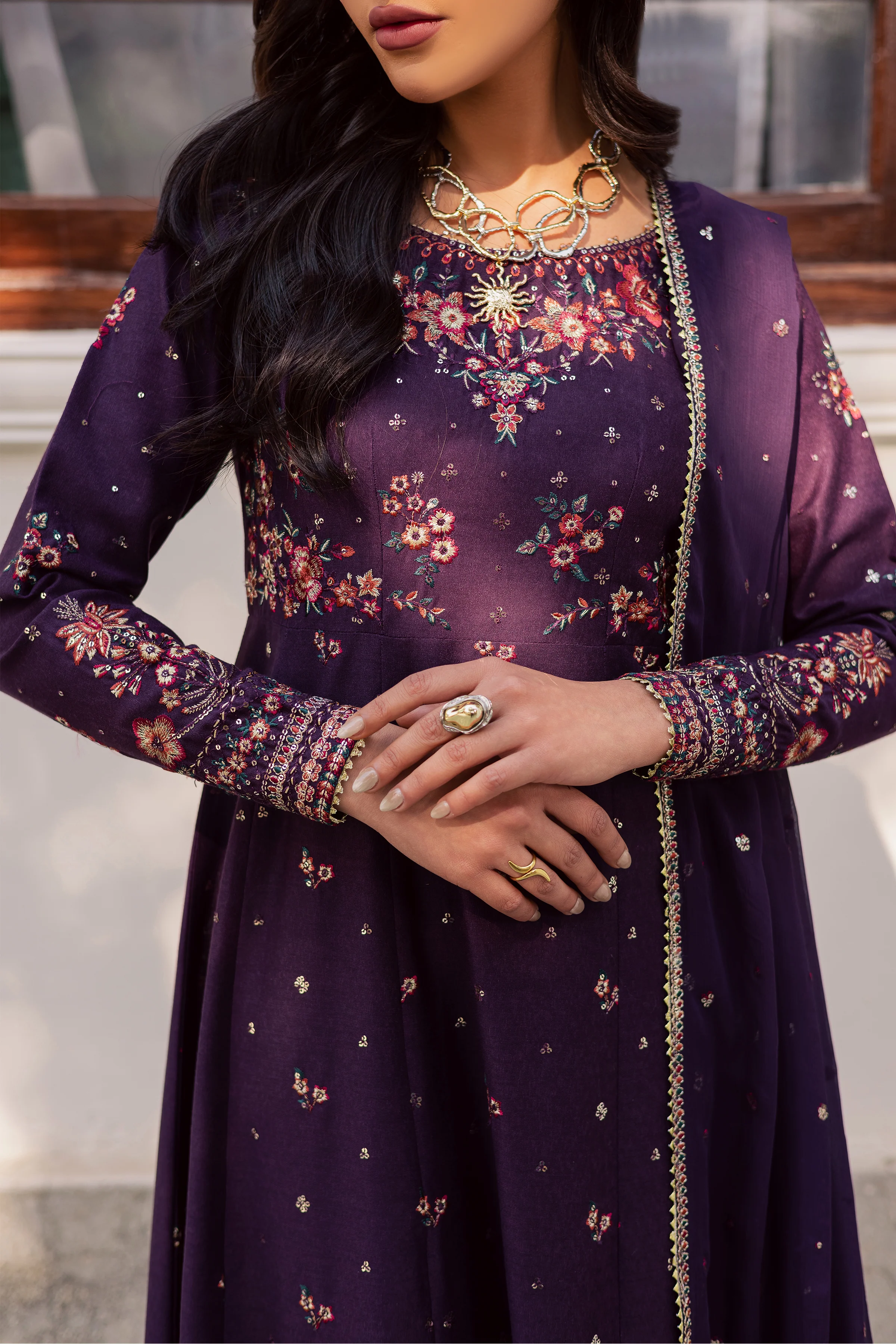 Purple Berry 3Pc - Embroidered Karandi Dress - Image 7