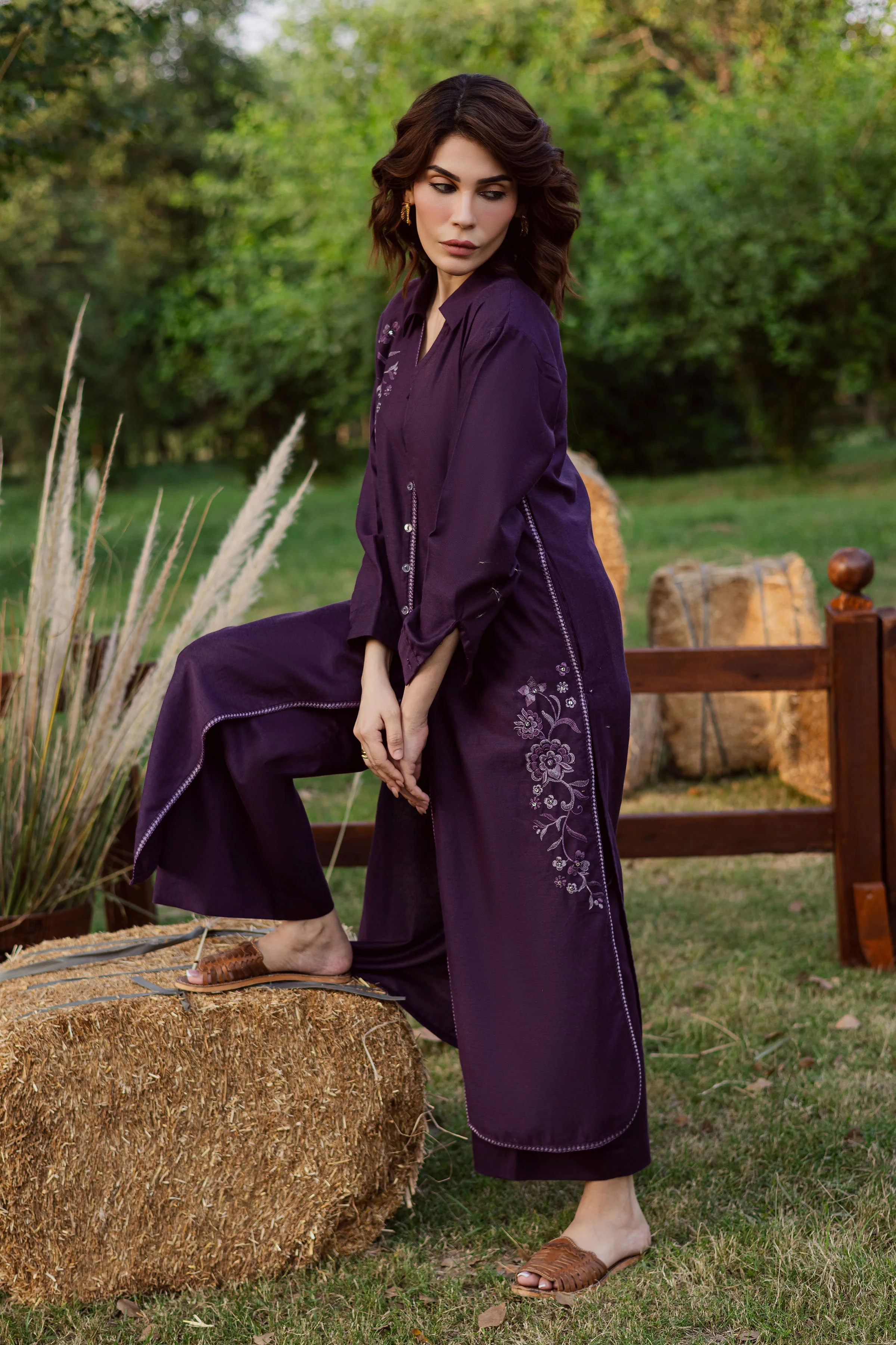 Purple Linen 2Pc - Embroidered Karandi Dress - Image 3