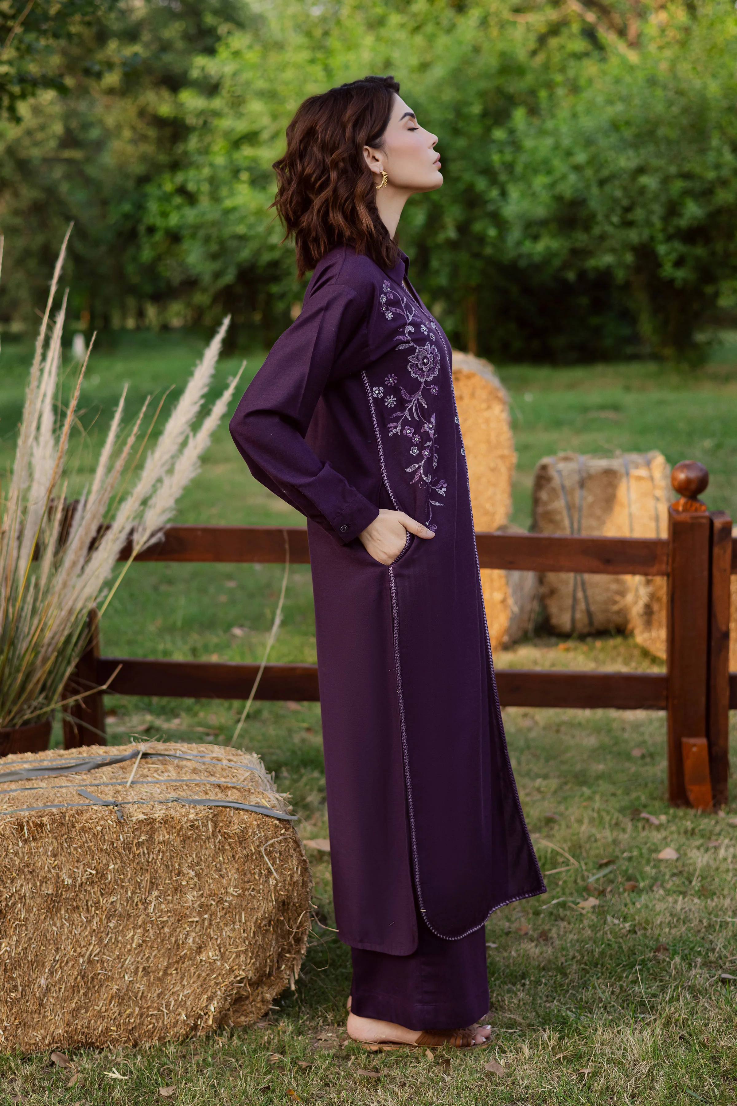 Purple Linen 2Pc - Embroidered Karandi Dress - Image 4