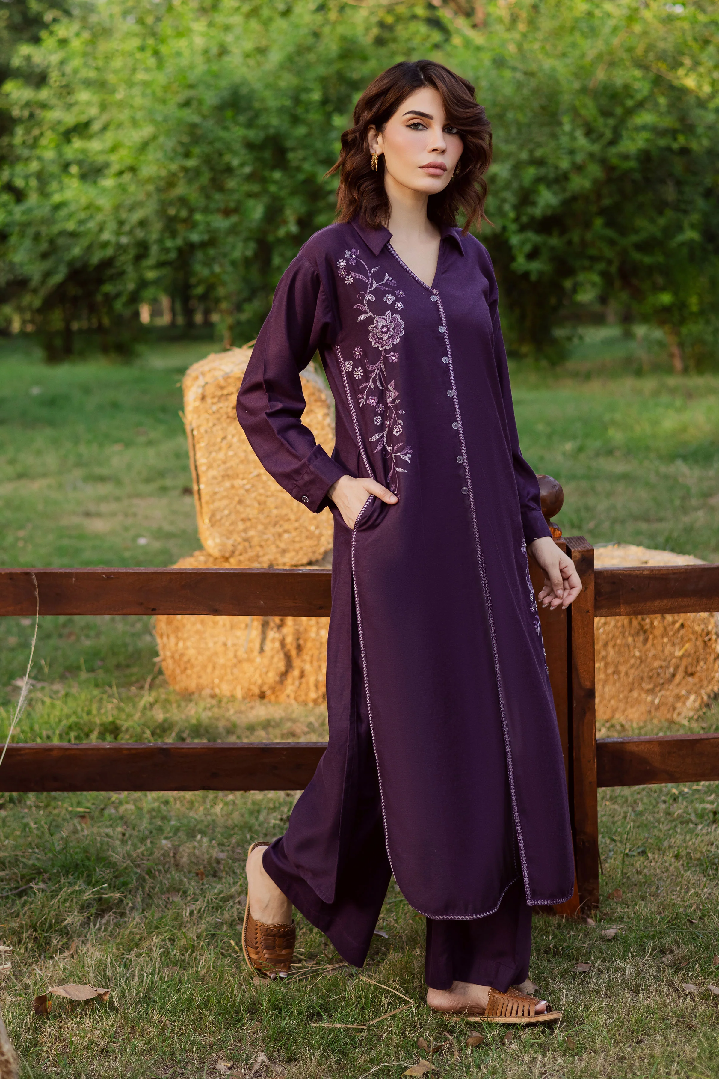 Purple Linen 2Pc - Embroidered Karandi Dress - Image 5