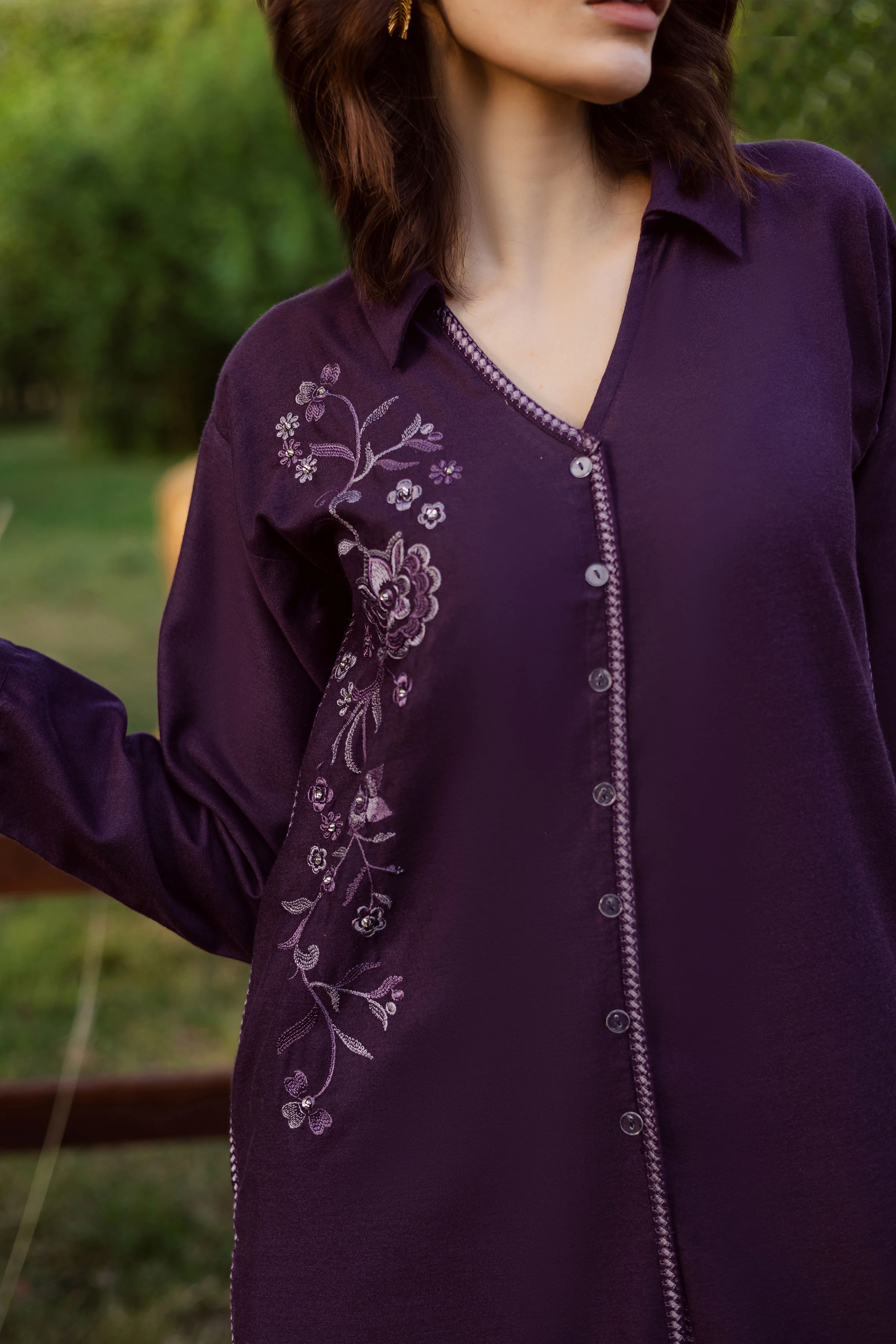 Purple Linen 2Pc - Embroidered Karandi Dress - Image 6
