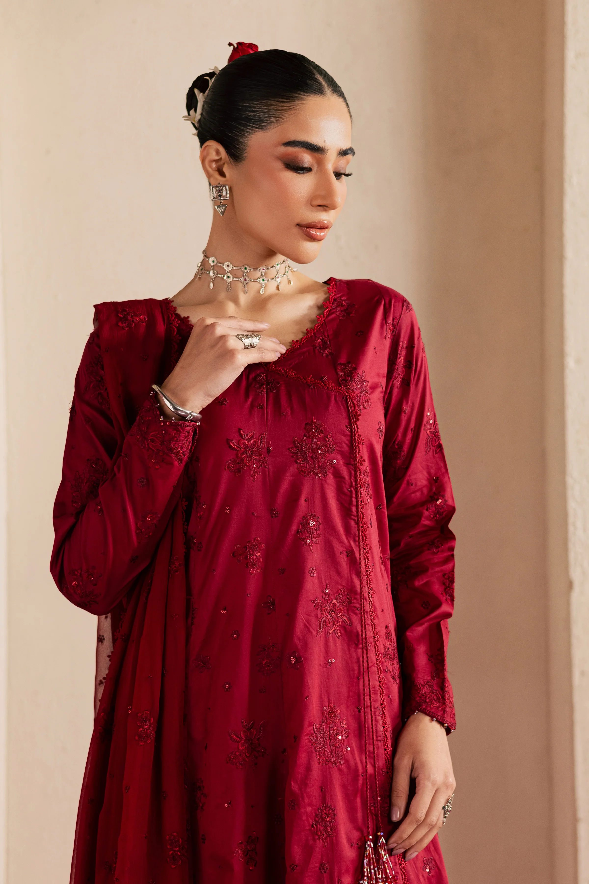 Red Bloom 3Pc - Festive Embroidered Lawn - Image 2