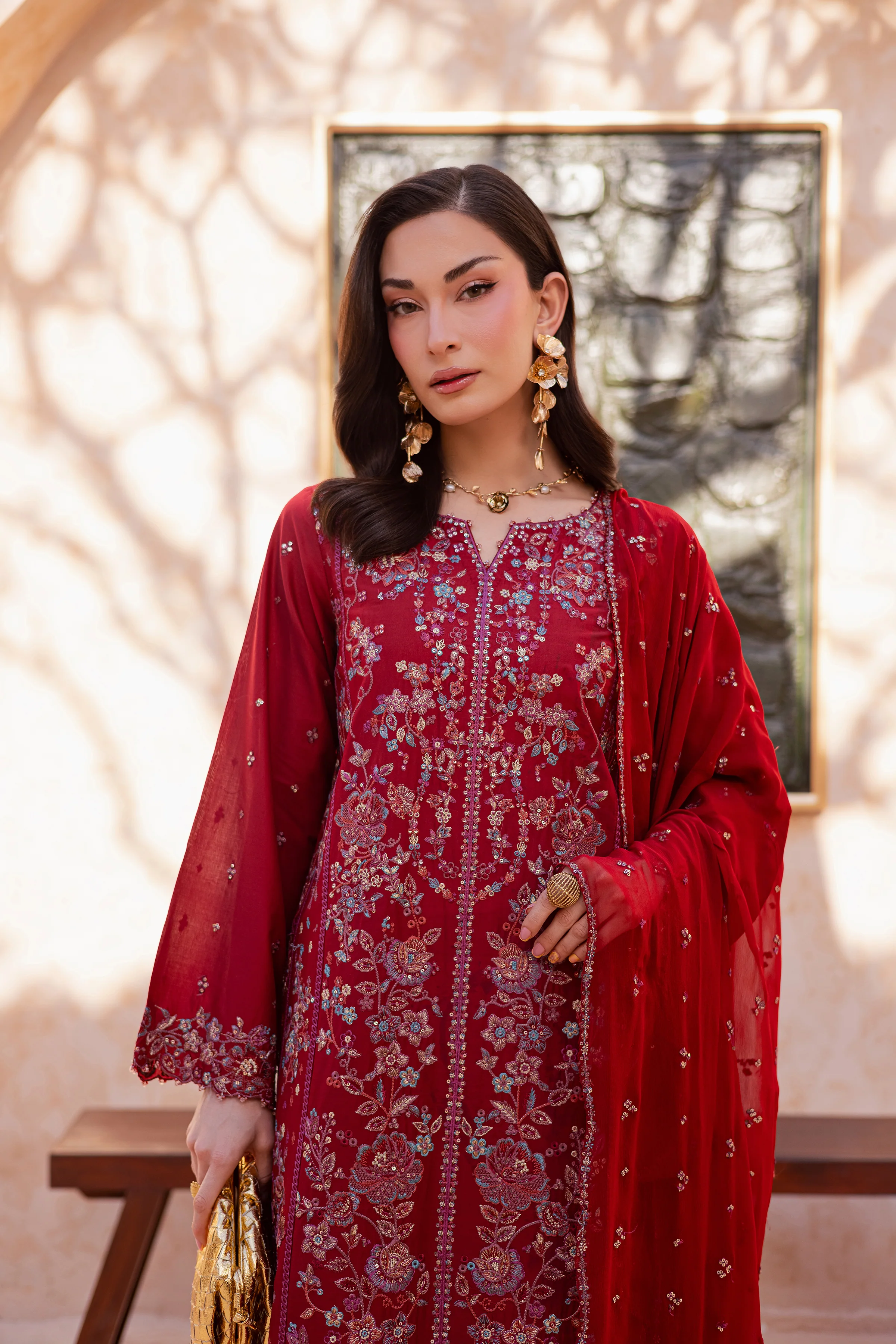 Red Delight 3Pc - Festive Embroidered Lawn - Image 2