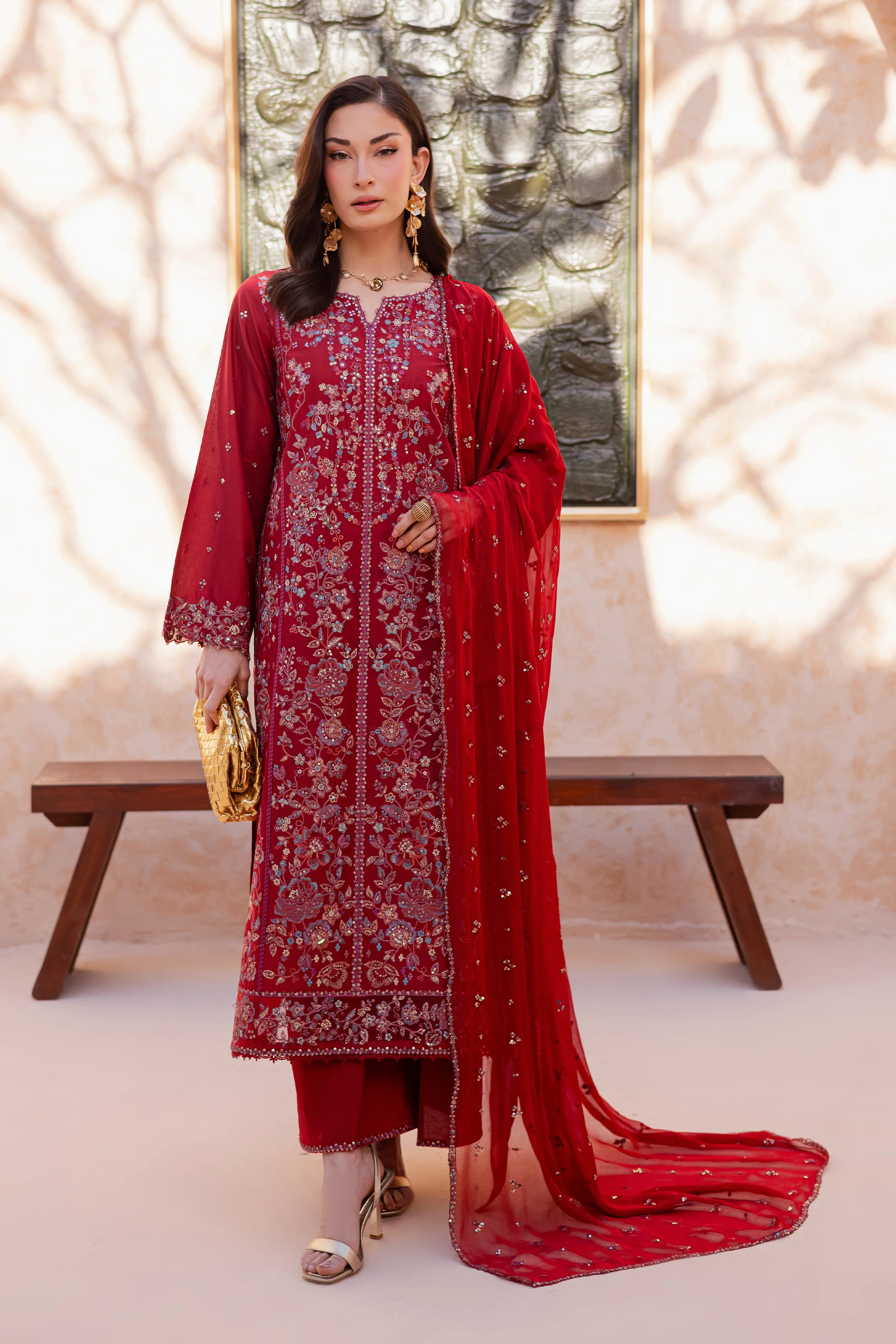 Red Delight 3Pc - Festive Embroidered Lawn - Image 3