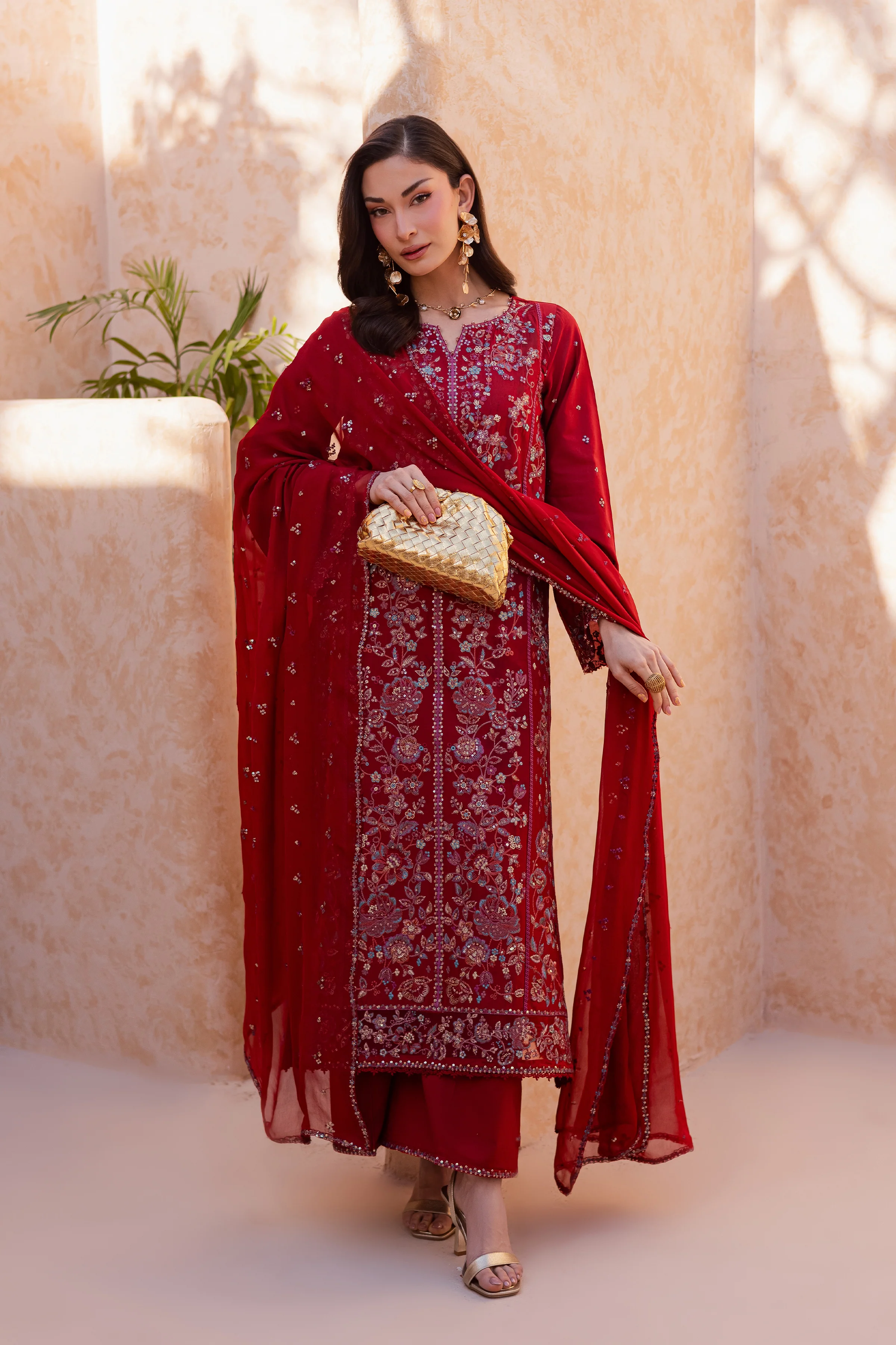 Red Delight 3Pc - Festive Embroidered Lawn - Image 5