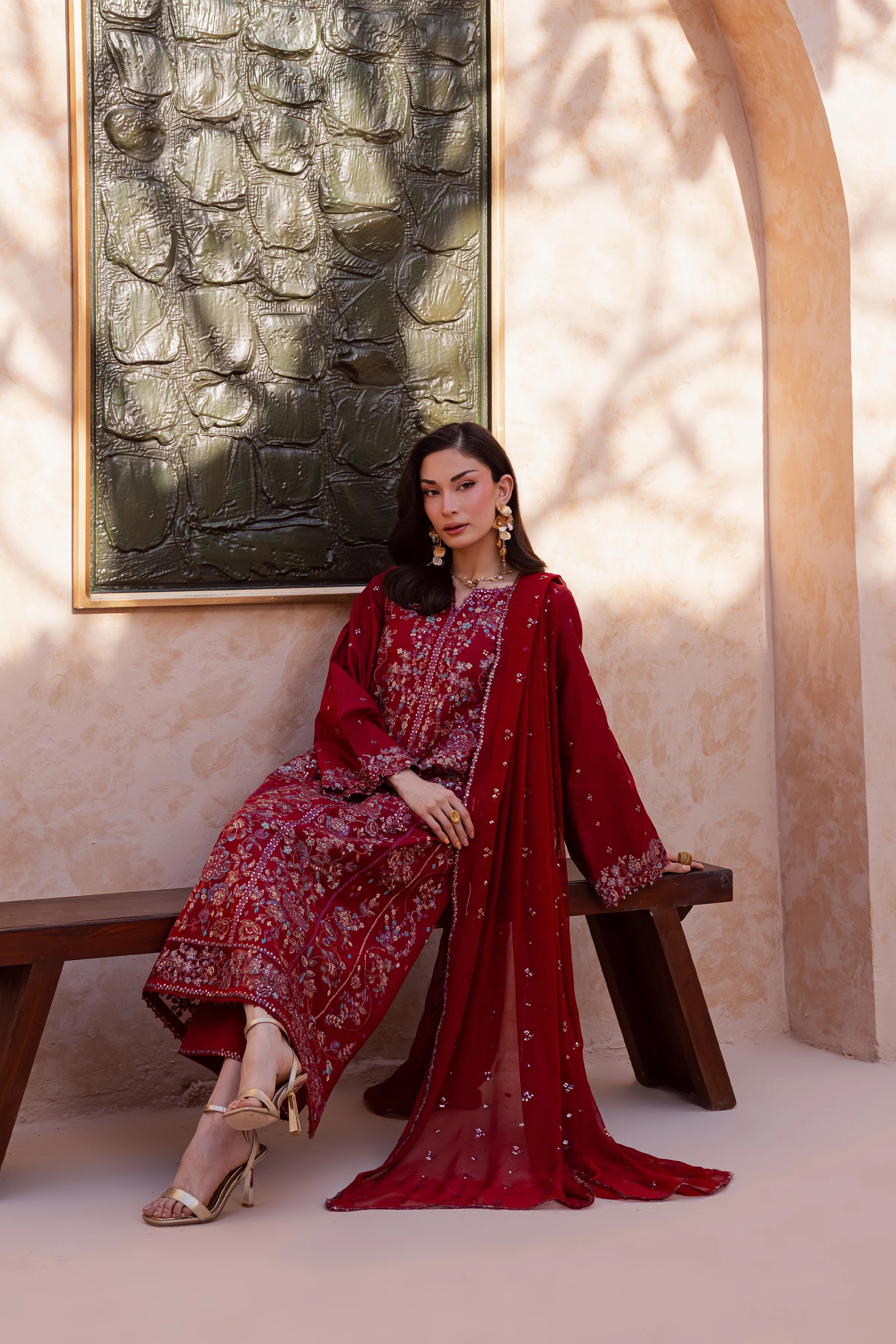 Red Delight 3Pc - Festive Embroidered Lawn - Image 6