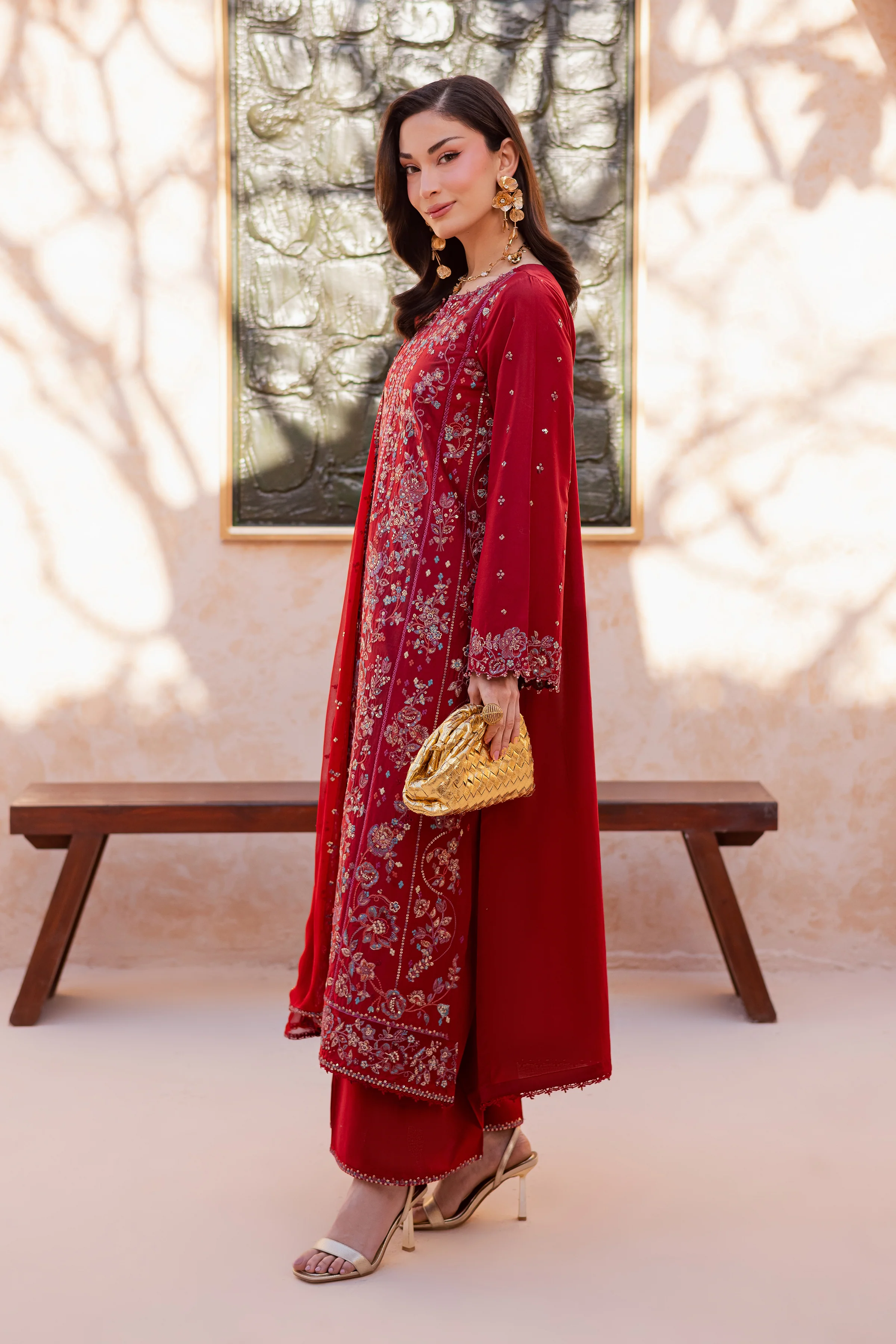 Red Delight 3Pc - Festive Embroidered Lawn - Image 7
