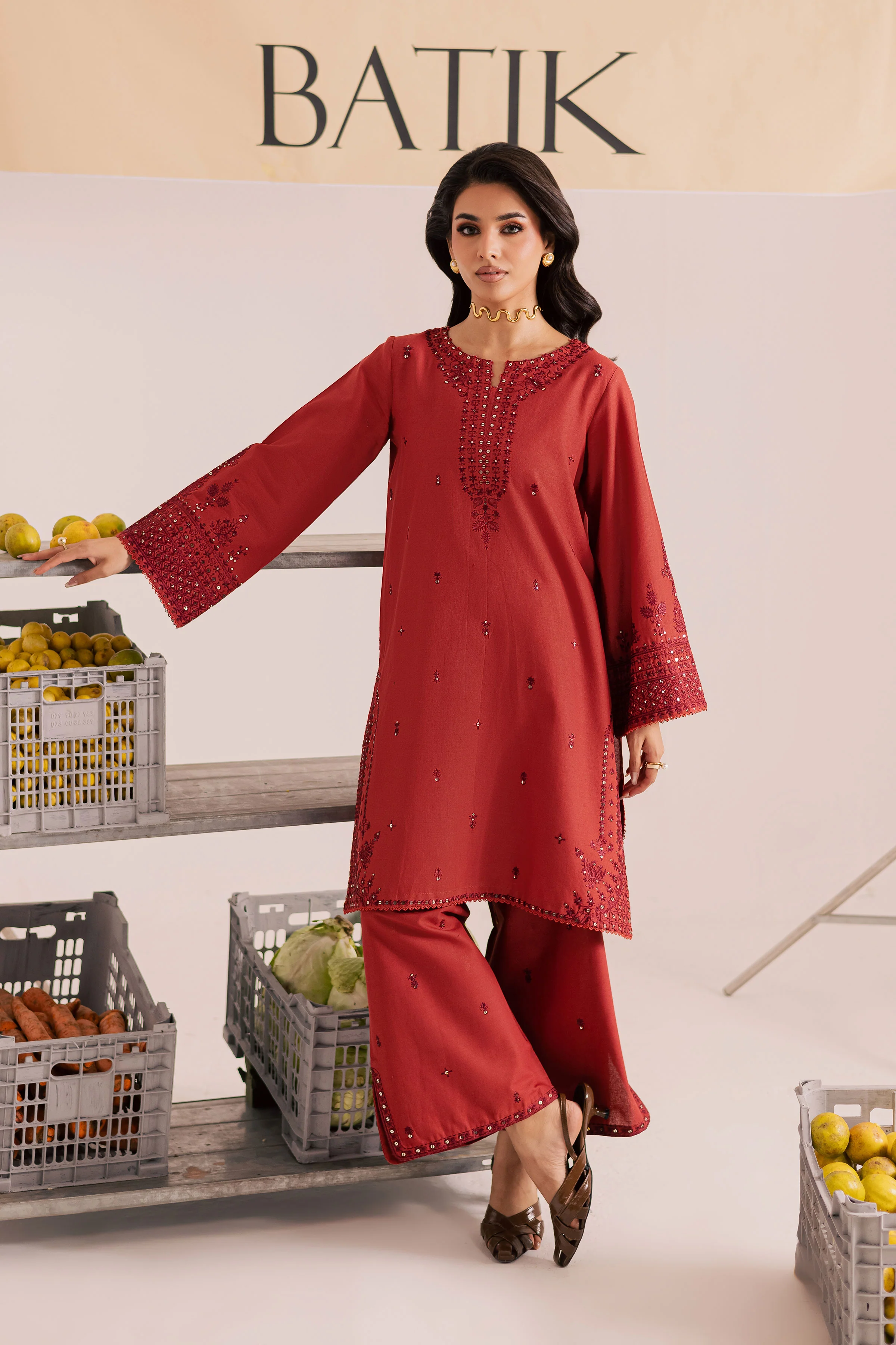 Rust Dazy 2Pc - Embroidered Khaddar Dress - Image 5