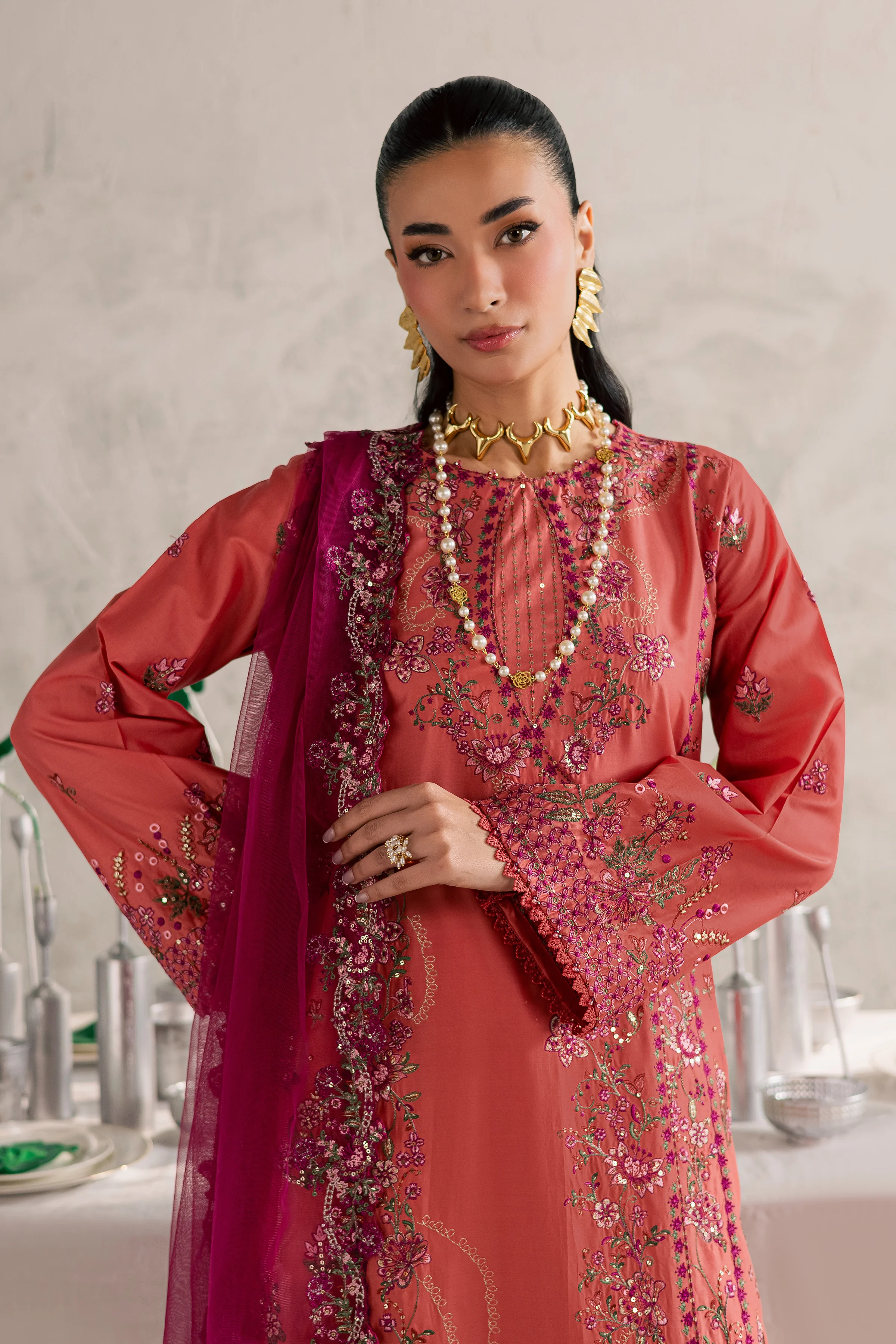 Rust Nazneen 3Pc - Festive Embroidered Lawn - Image 2