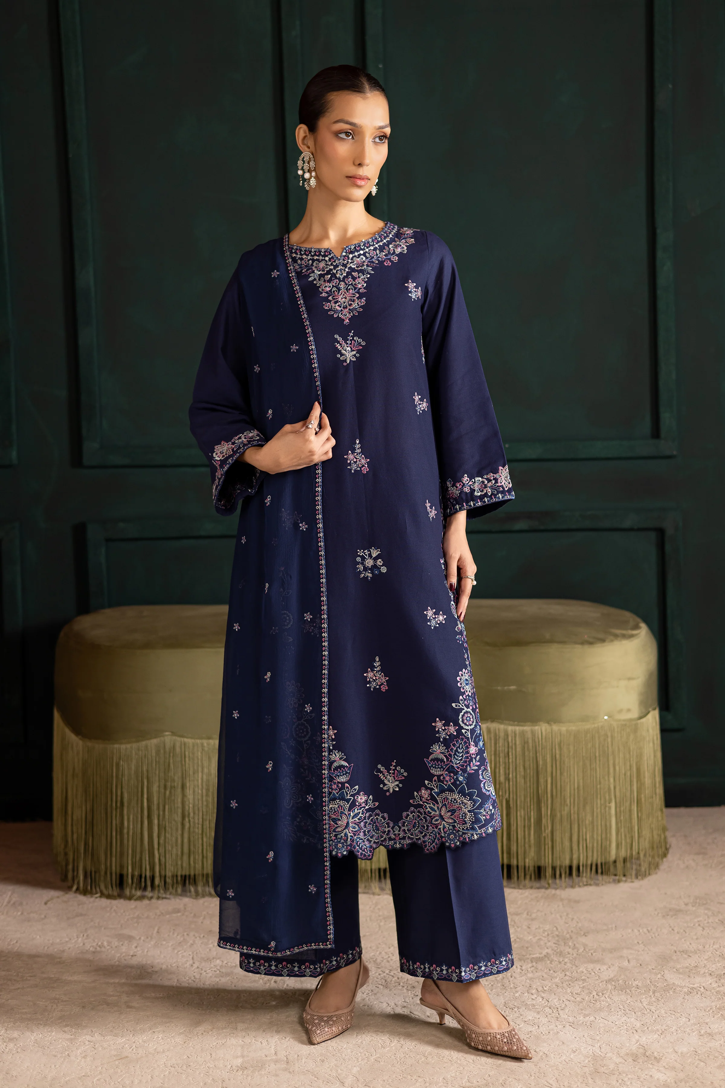 Dusky 3Pc - Embroidered Khaddar Dress - Image 3