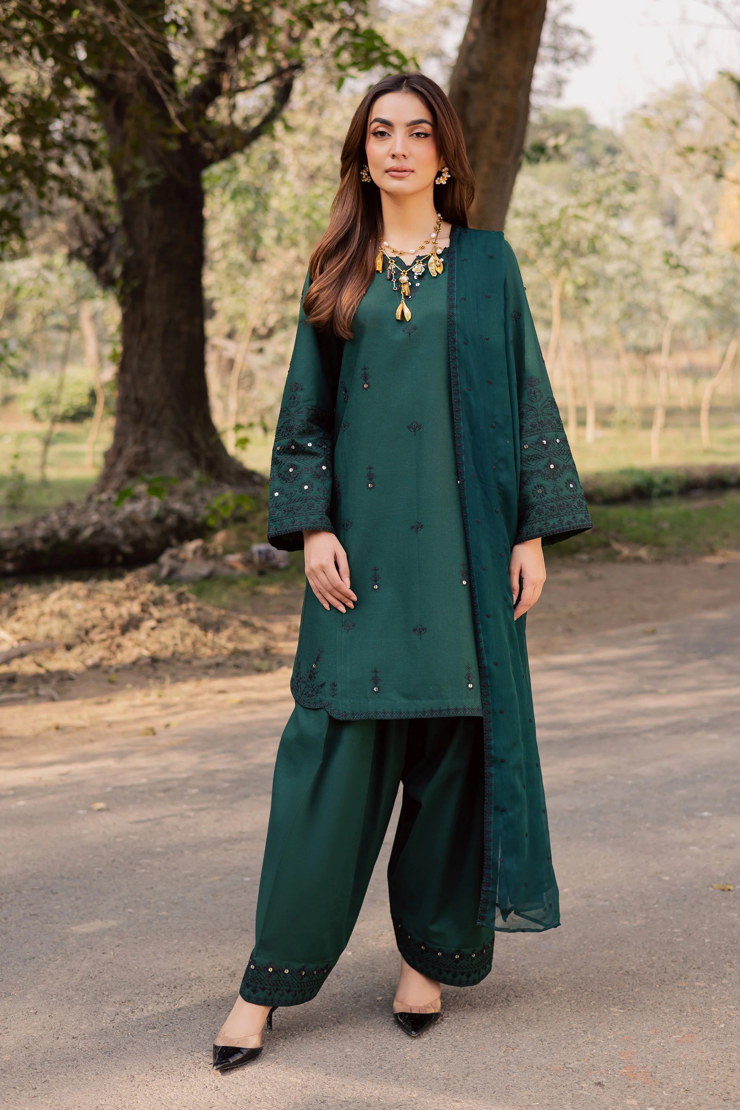 Sabz Meeraki 3Pc - Embroidered Khaddar Dress - Image 9