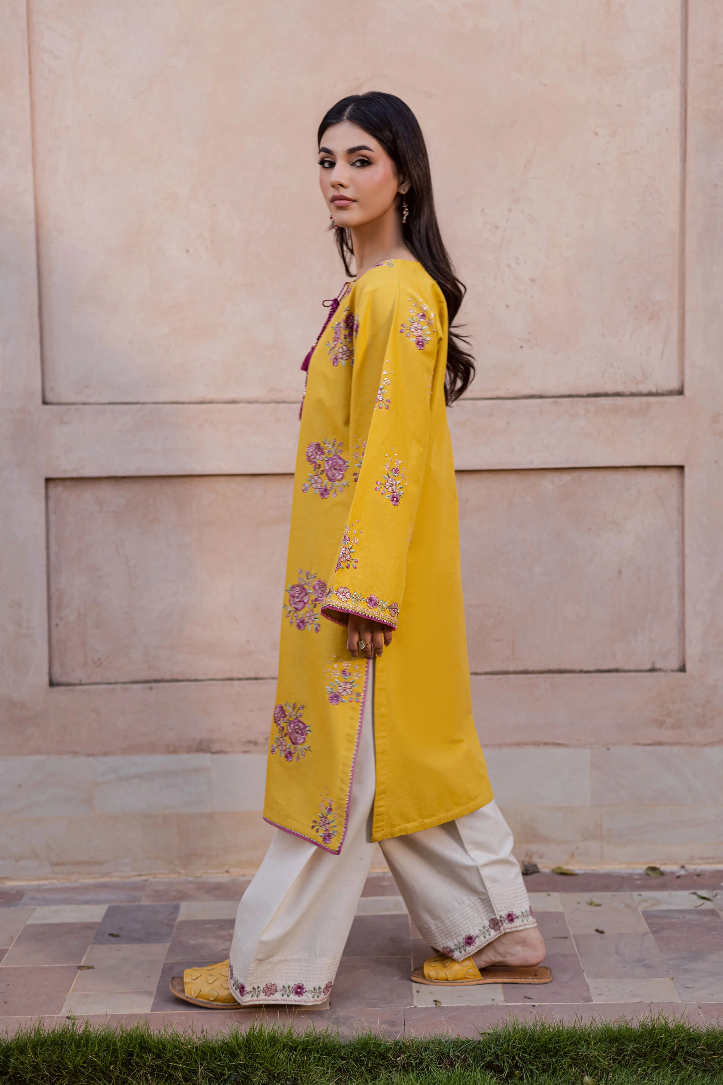 Yellow Anya 2Pc - Embroidered Khaddar Dress - Image 5