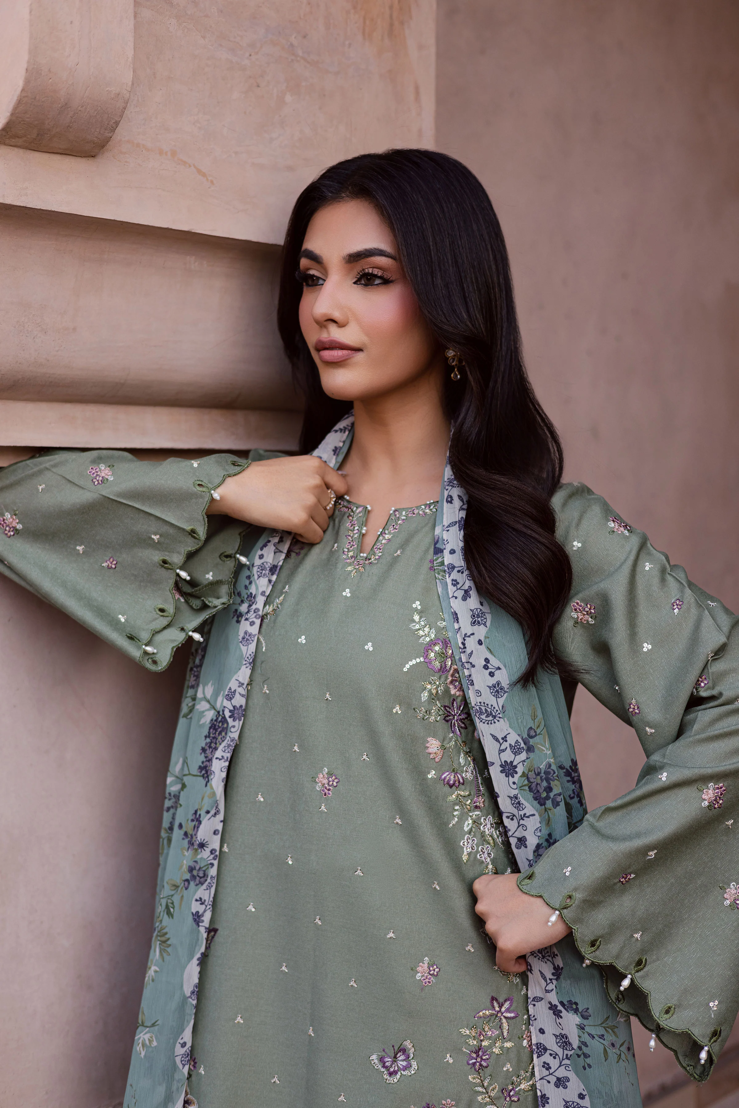 Sage Flower 3Pc - Embroidered Karandi Dress - Image 2