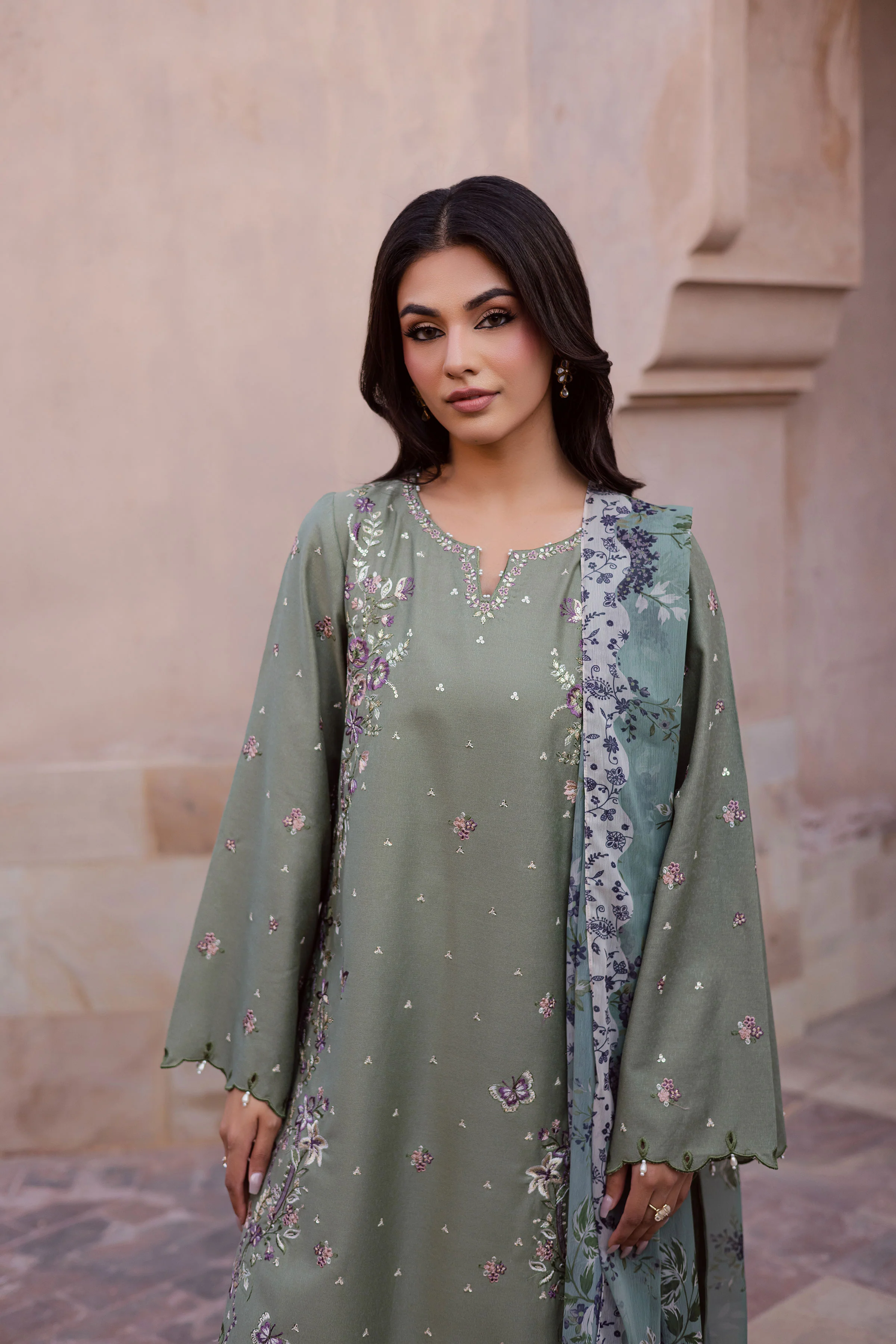 Sage Flower 3Pc - Embroidered Karandi Dress - Image 3