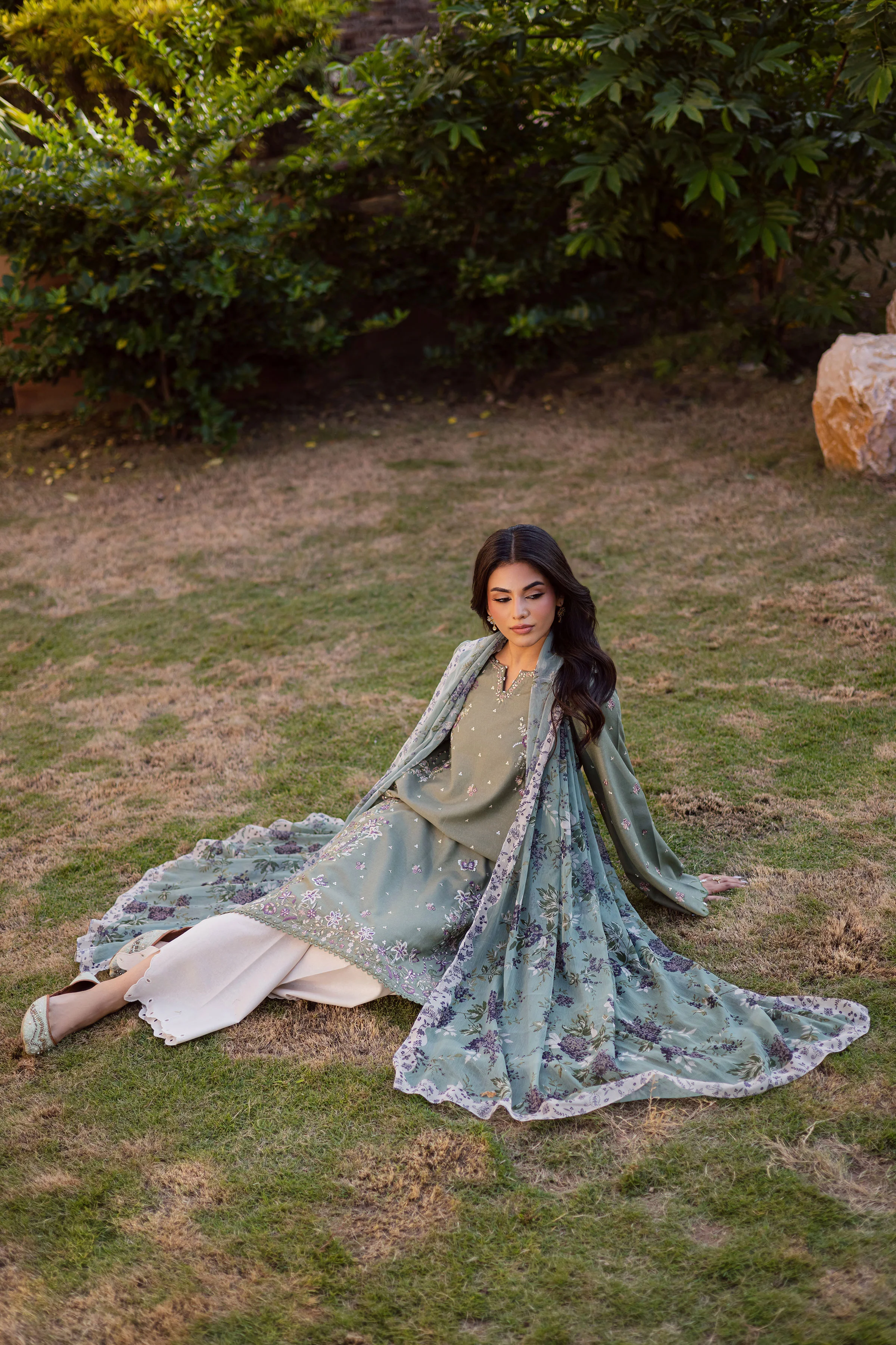 Sage Flower 3Pc - Embroidered Karandi Dress - Image 4