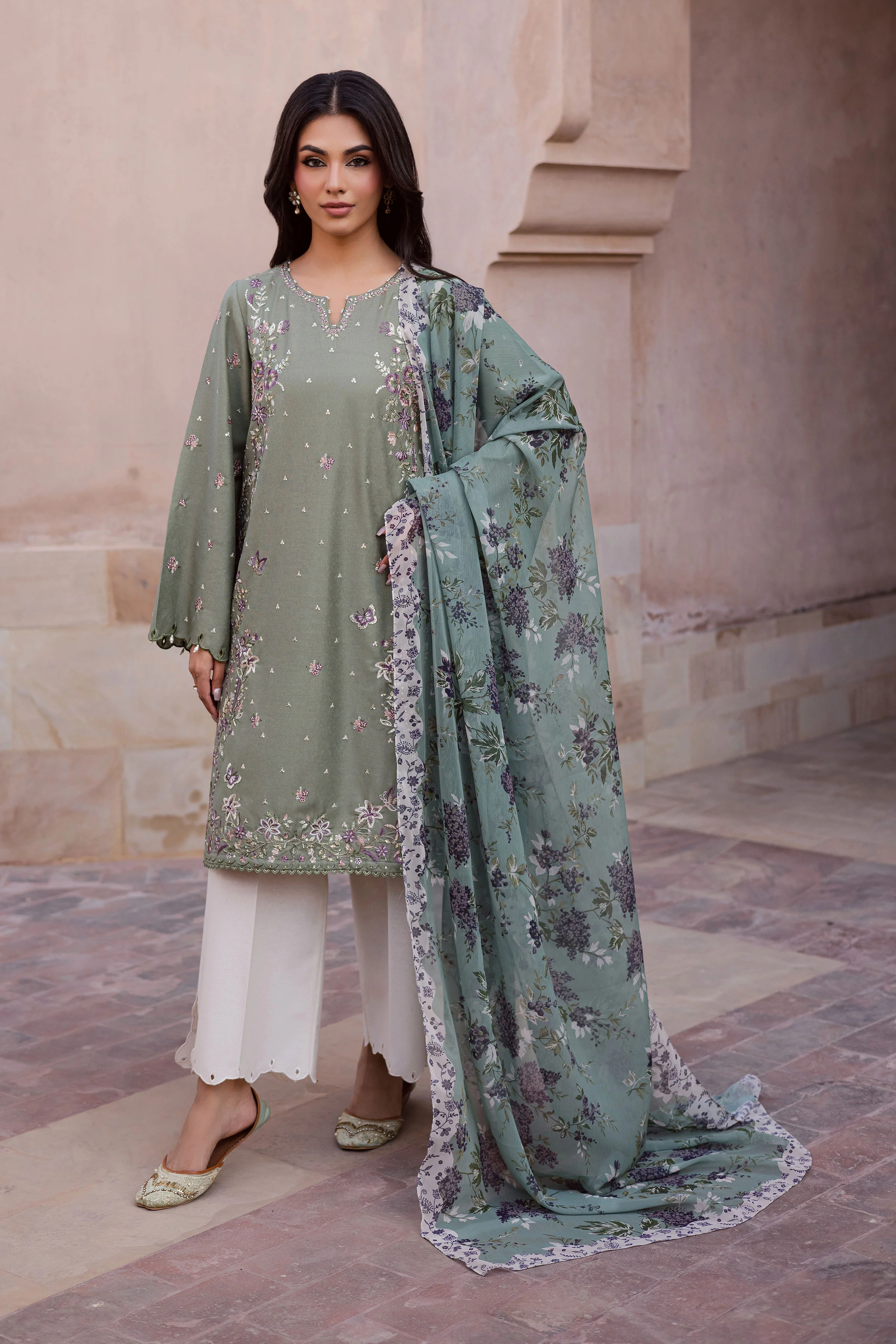 Sage Flower 3Pc - Embroidered Karandi Dress - Image 5