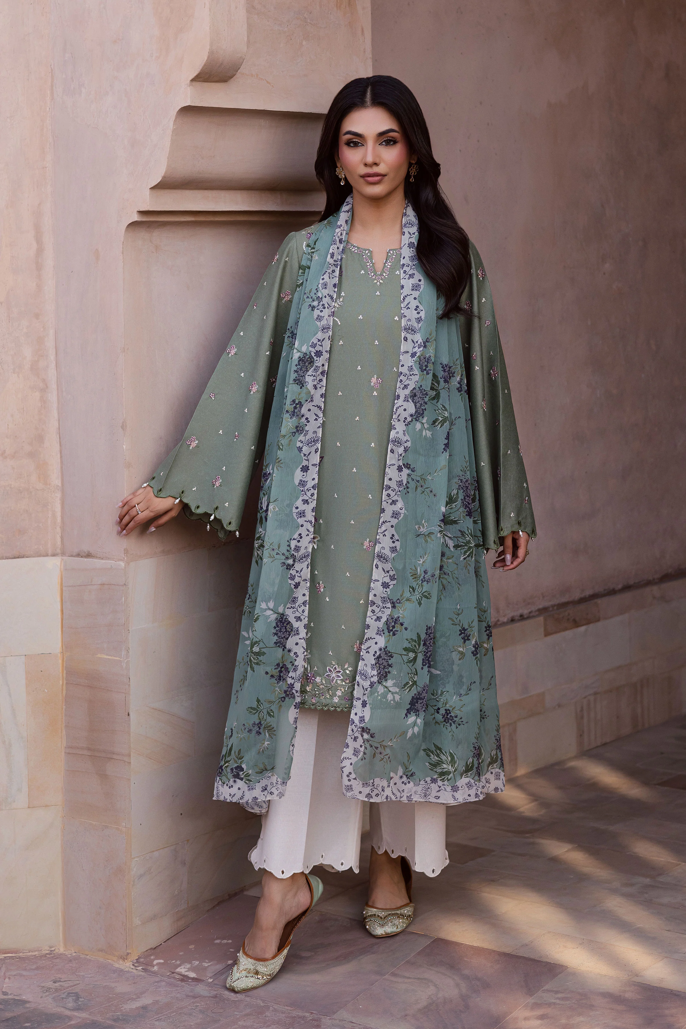 Sage Flower 3Pc - Embroidered Karandi Dress - Image 6