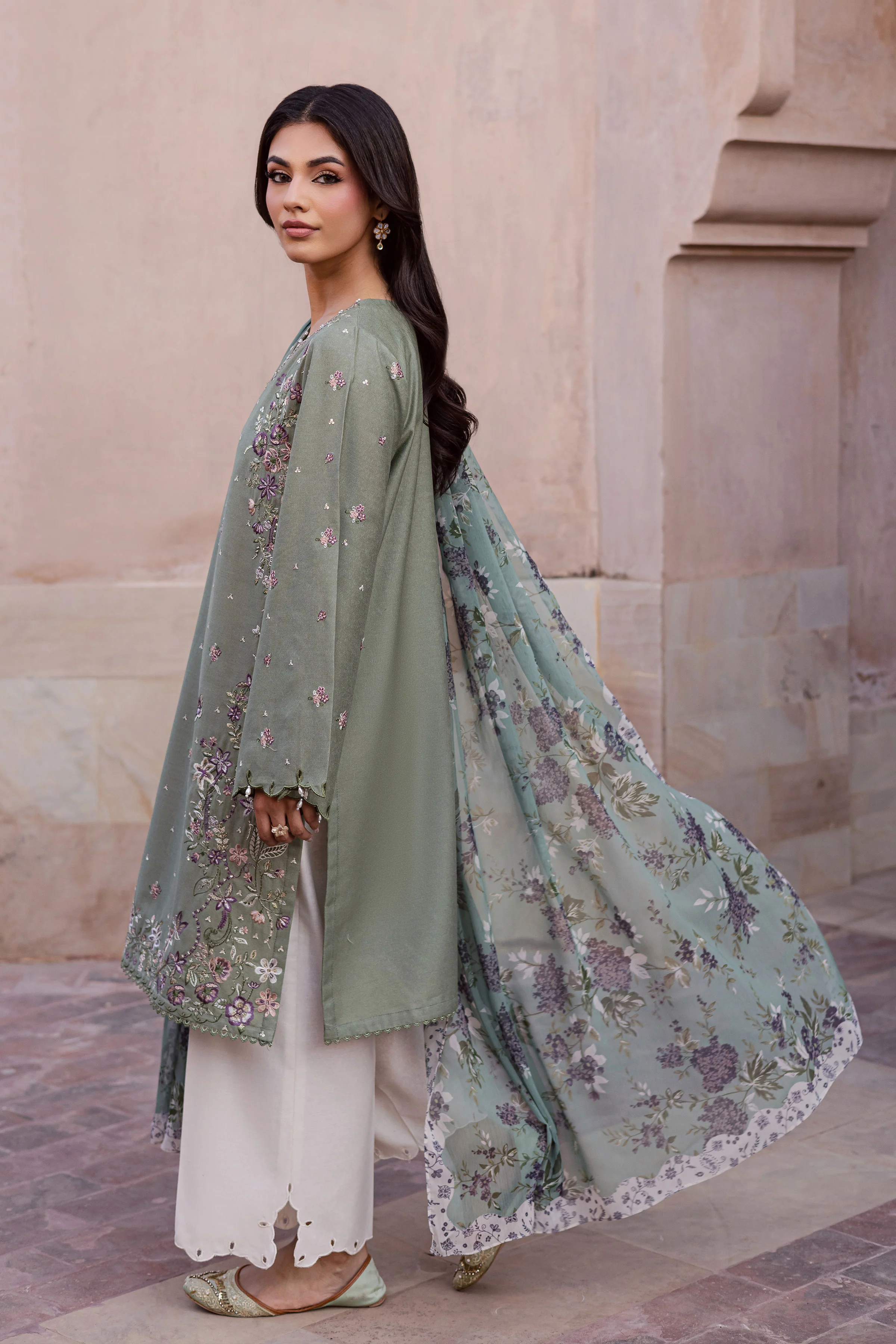Sage Flower 3Pc - Embroidered Karandi Dress - Image 7