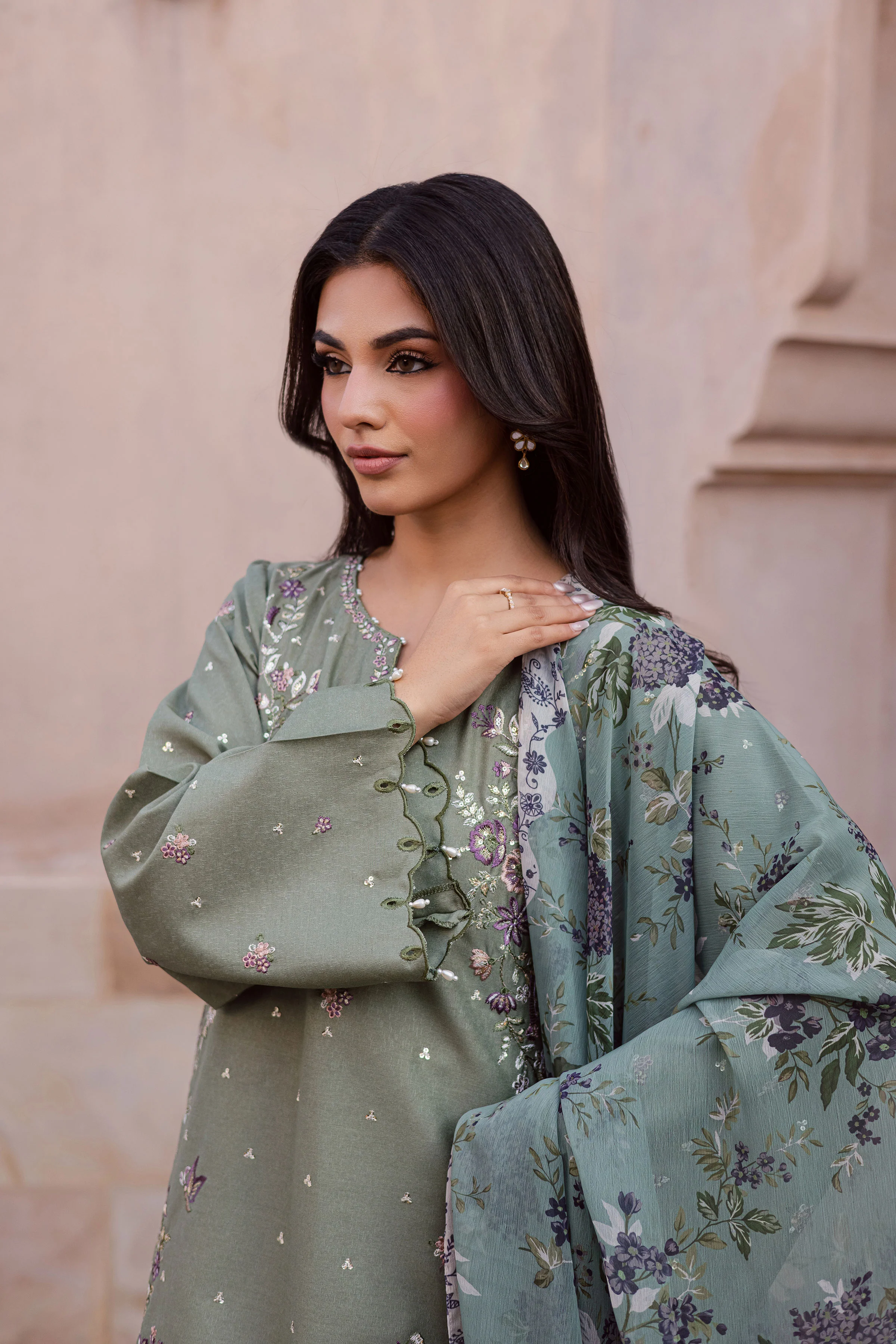 Sage Flower 3Pc - Embroidered Karandi Dress - Image 8