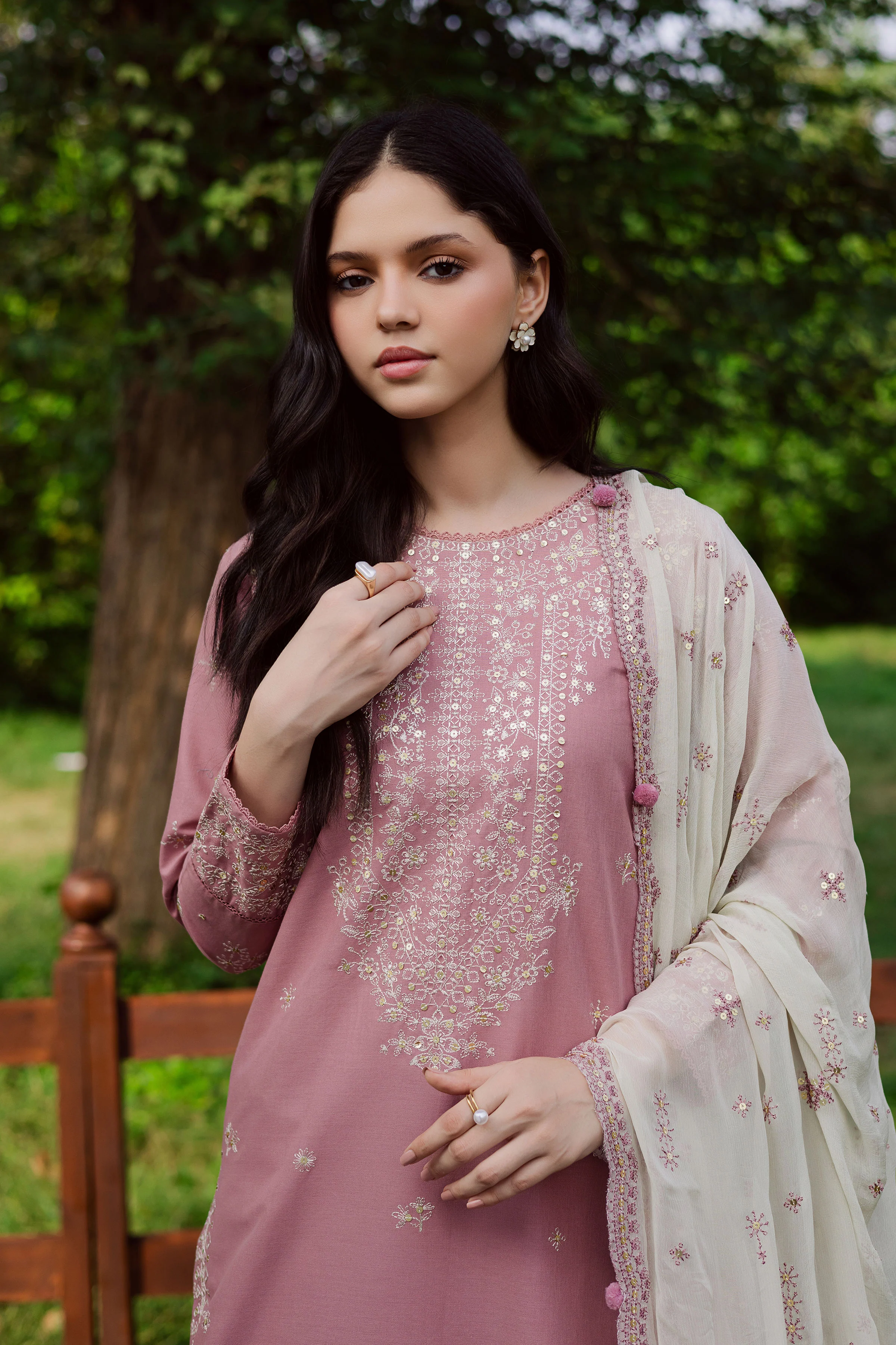 Solace Pink 3Pc - Embroidered Khaddar Dress - Image 2