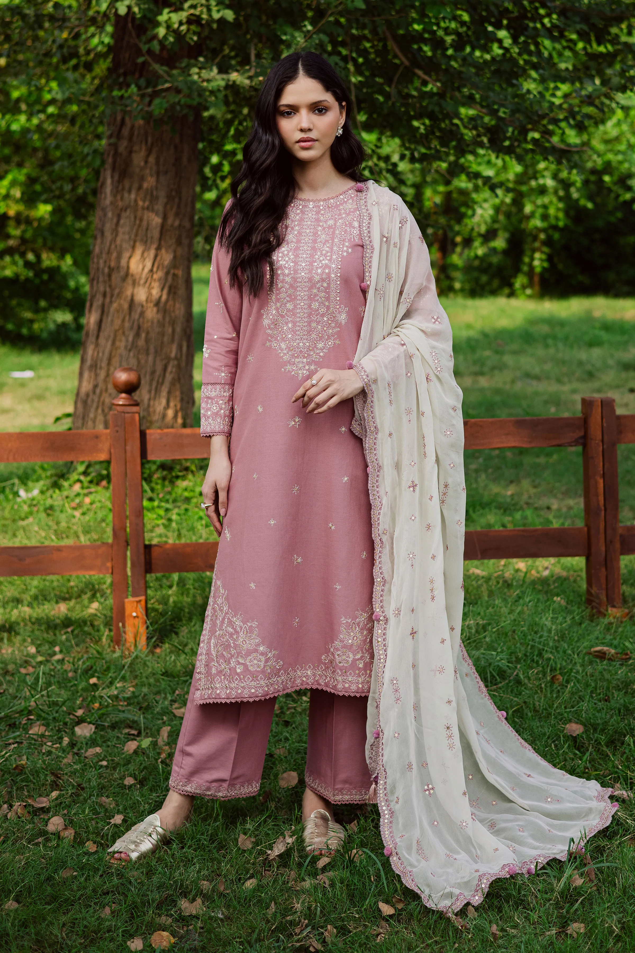 Solace Pink 3Pc - Embroidered Khaddar Dress - Image 3