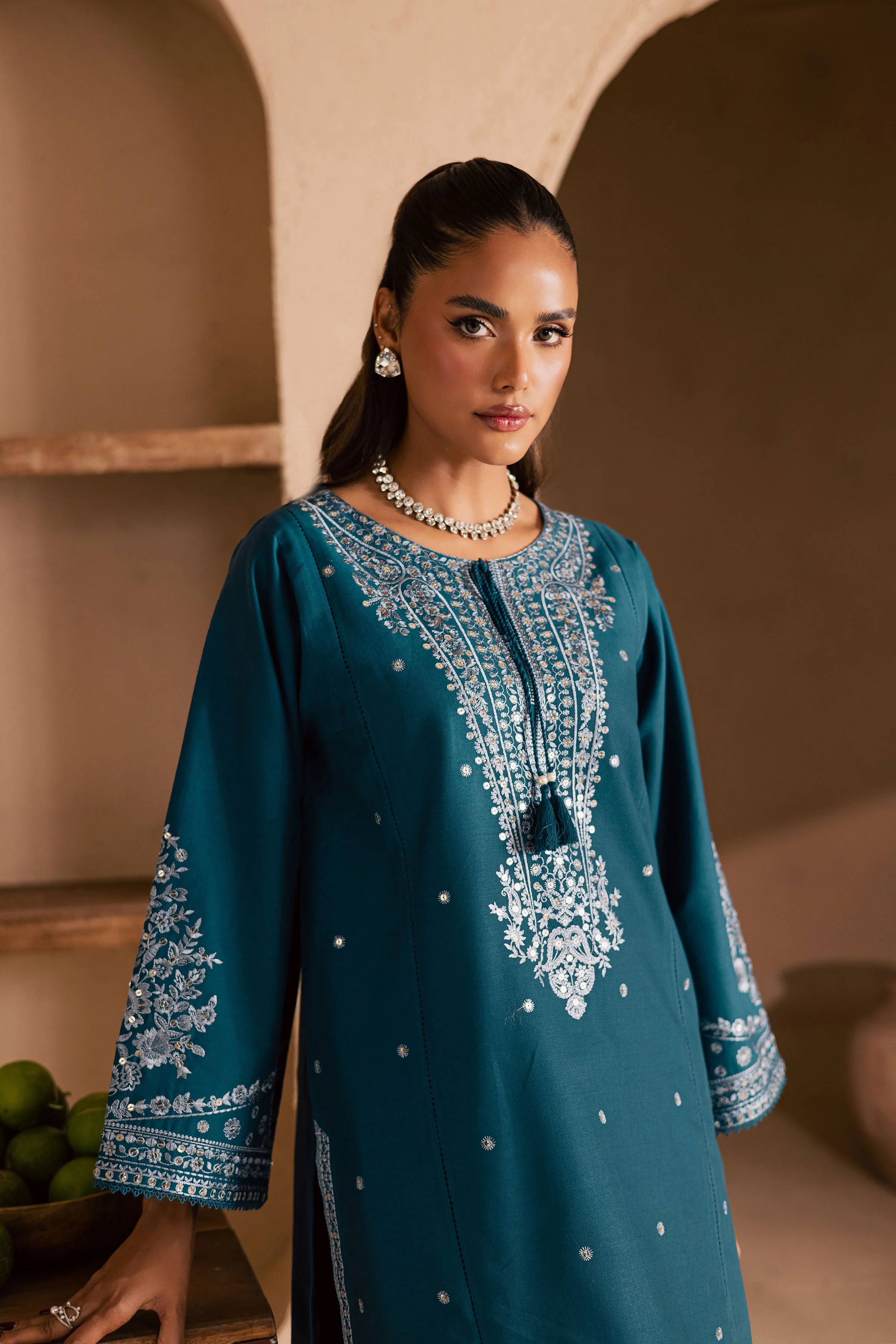 Teal Mahay 2Pc - Embroidered Khaddar Dress - Image 2