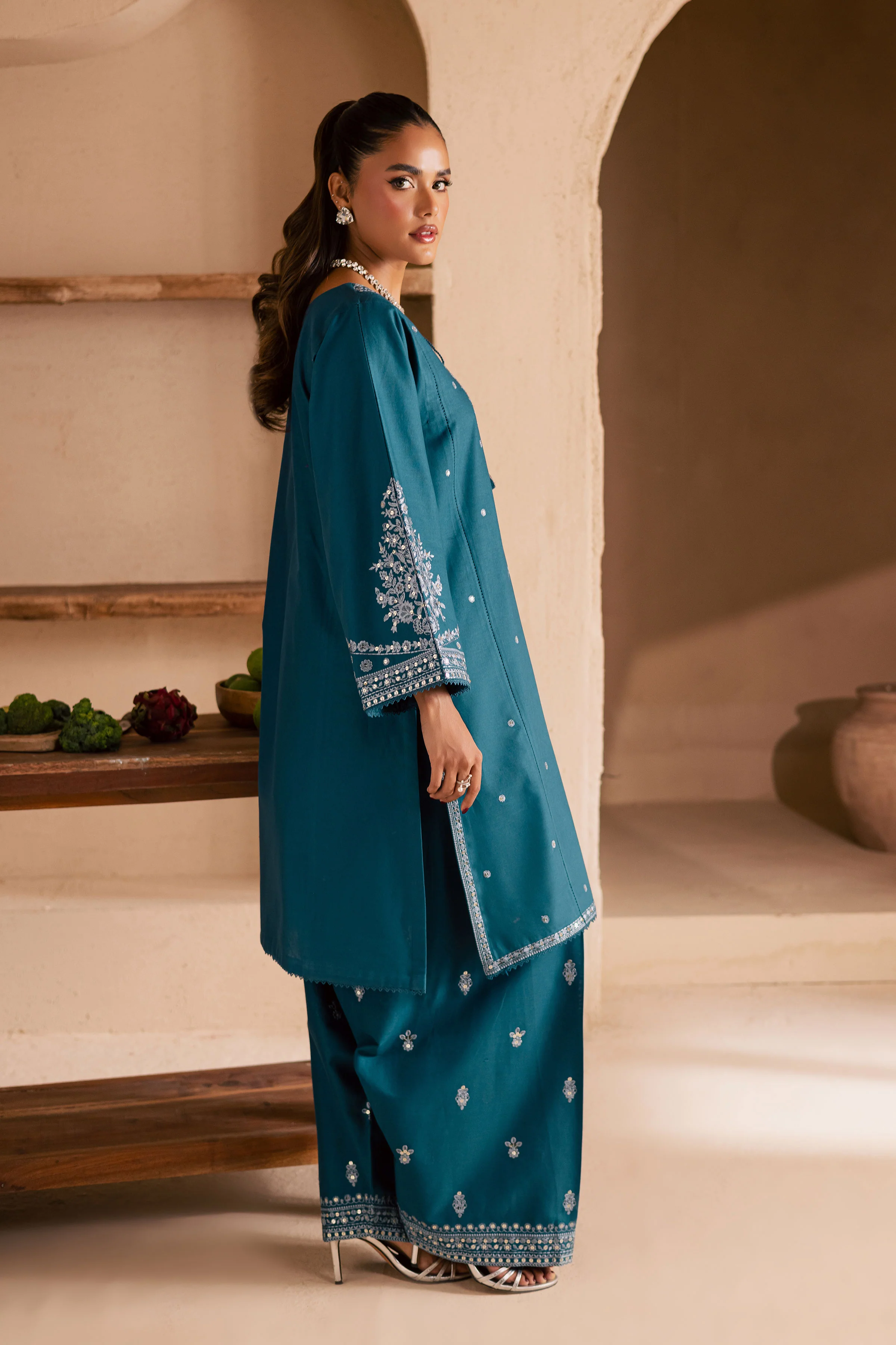 Teal Mahay 2Pc - Embroidered Khaddar Dress - Image 4