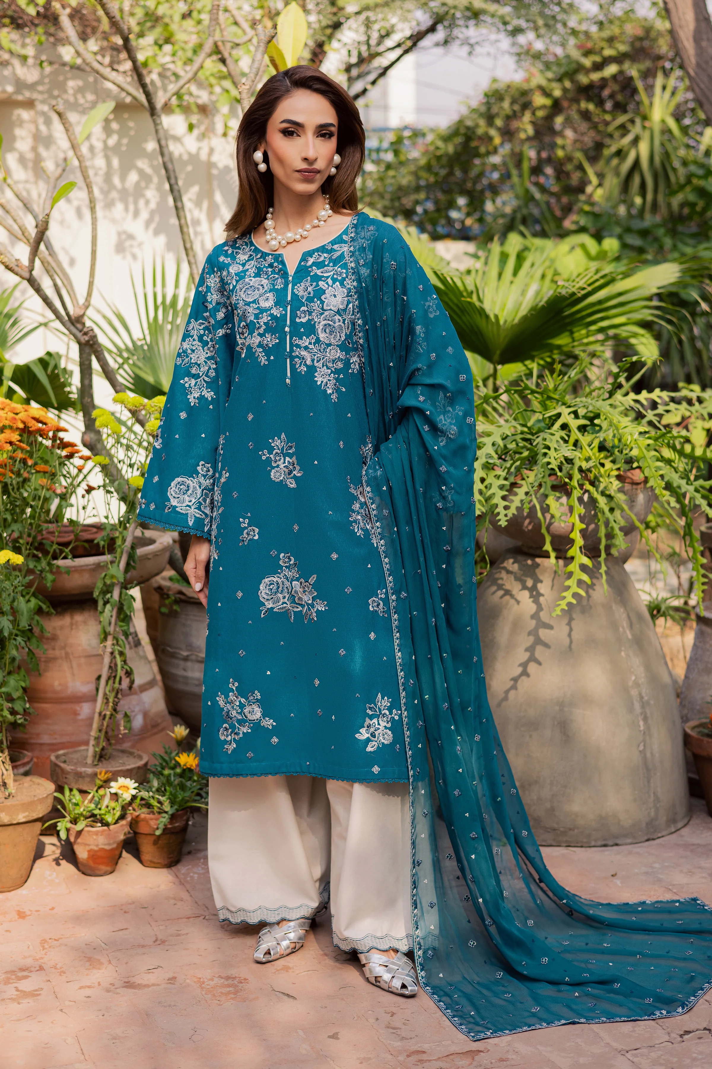 Teal Ocean 3Pc - Embroidered Festive Pret - Image 5