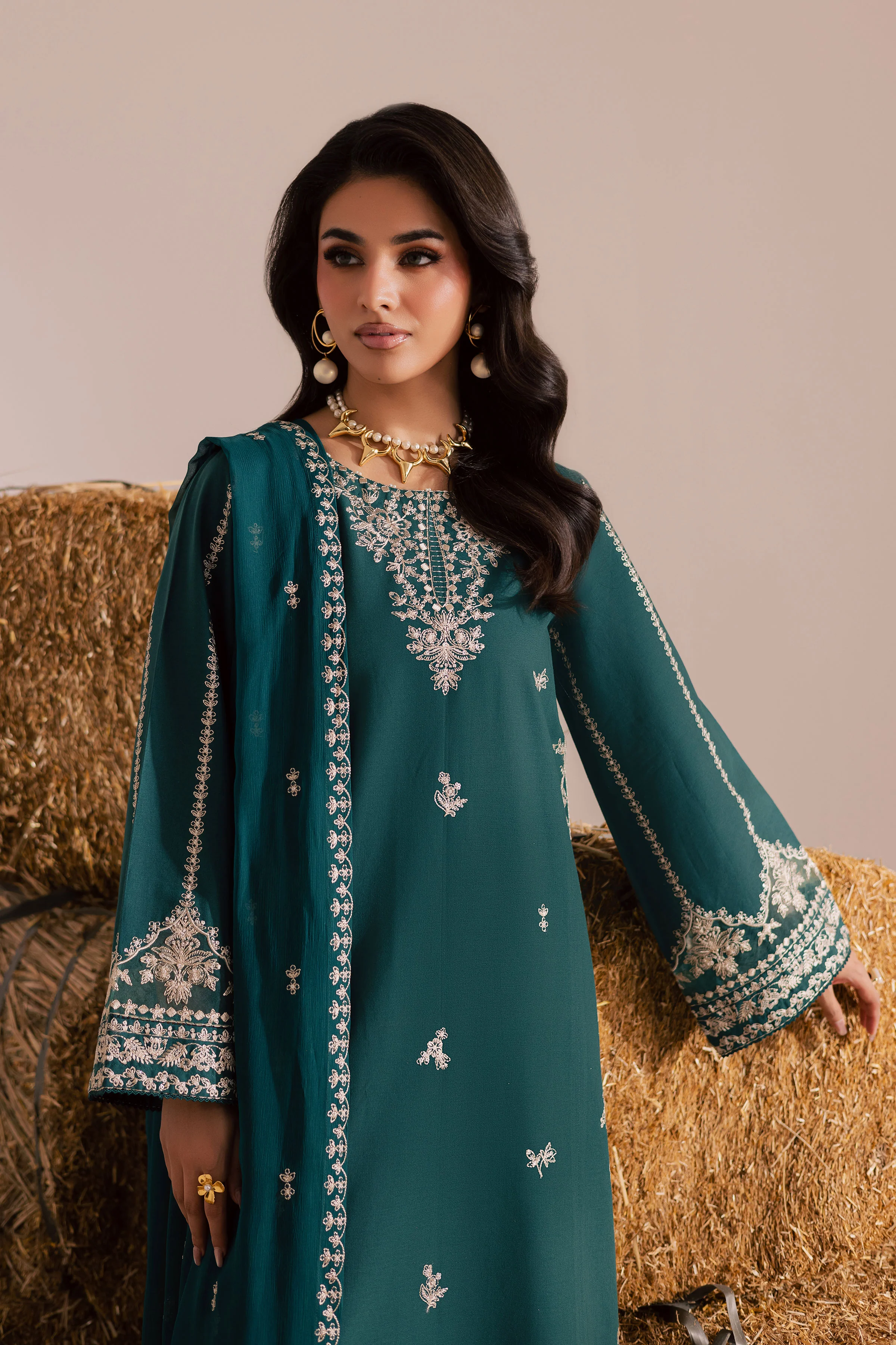 Teal Rua 3Pc - Embroidered Khaddar Dress - Image 2