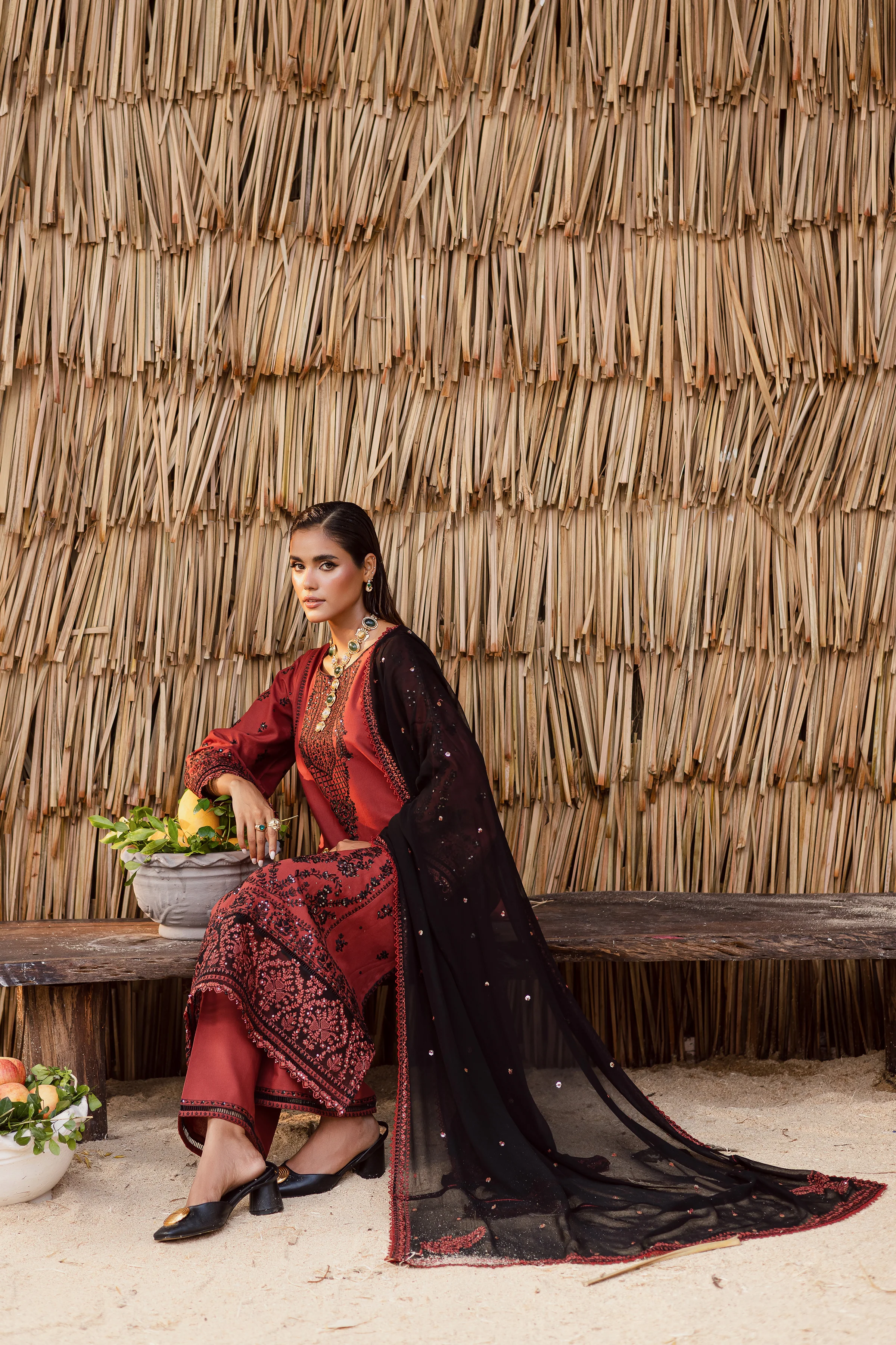 Terracotta 3Pc - Embroidered Khaddar Dress - Image 3