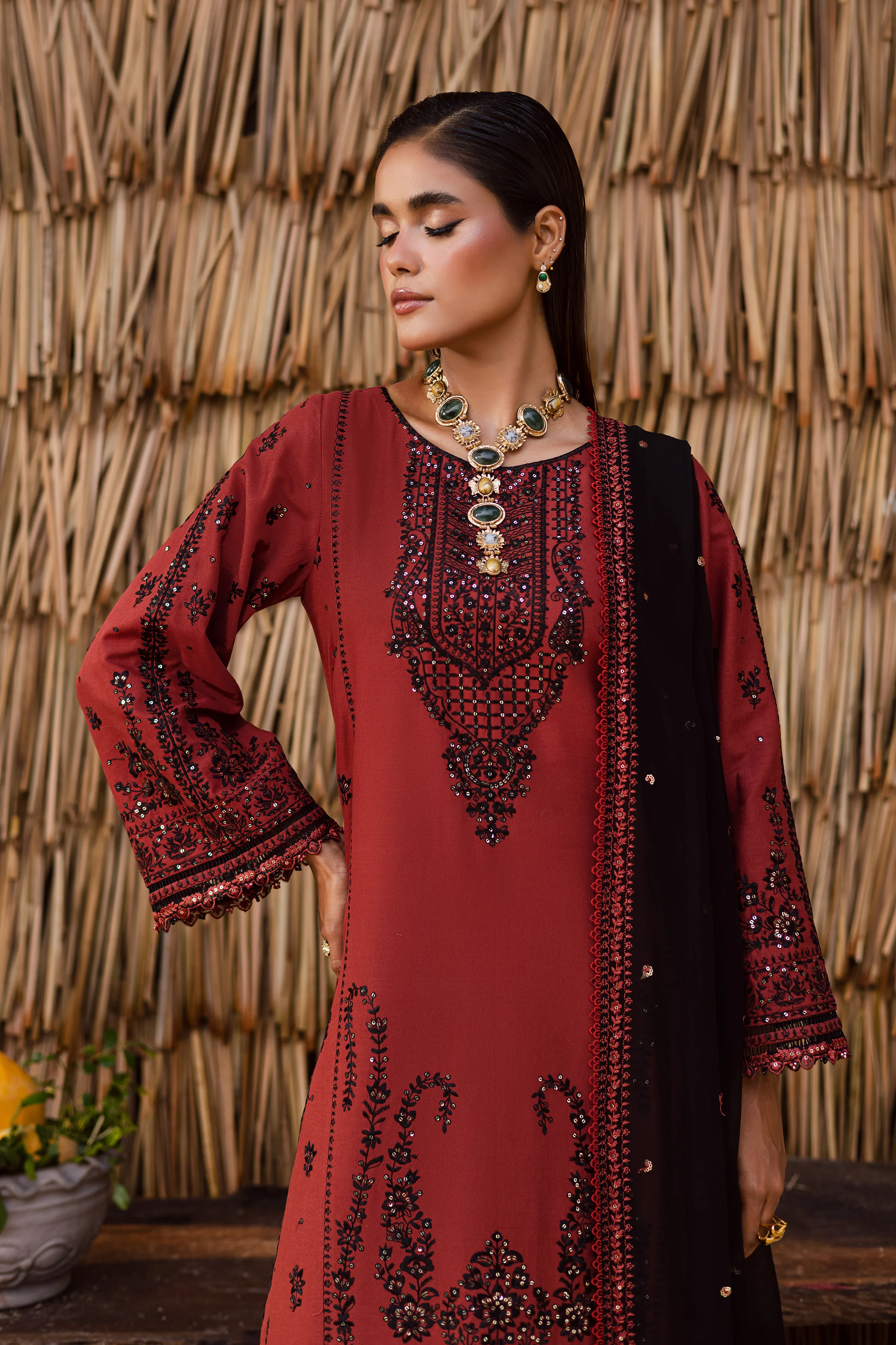 Terracotta 3Pc - Embroidered Khaddar Dress - Image 4