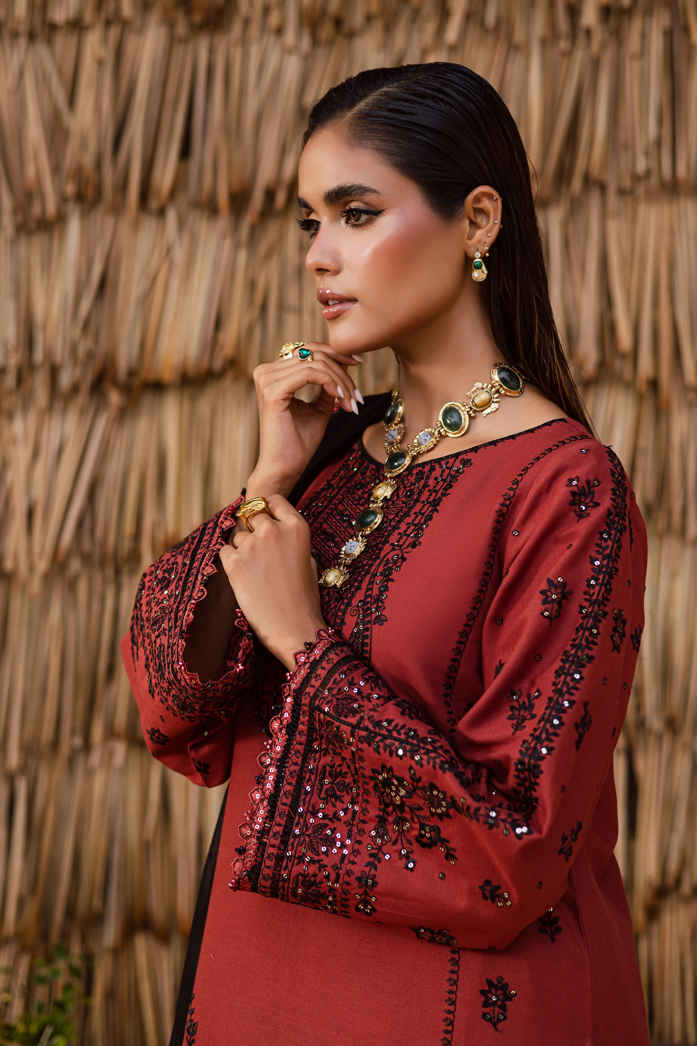 Terracotta 3Pc - Embroidered Khaddar Dress - Image 5
