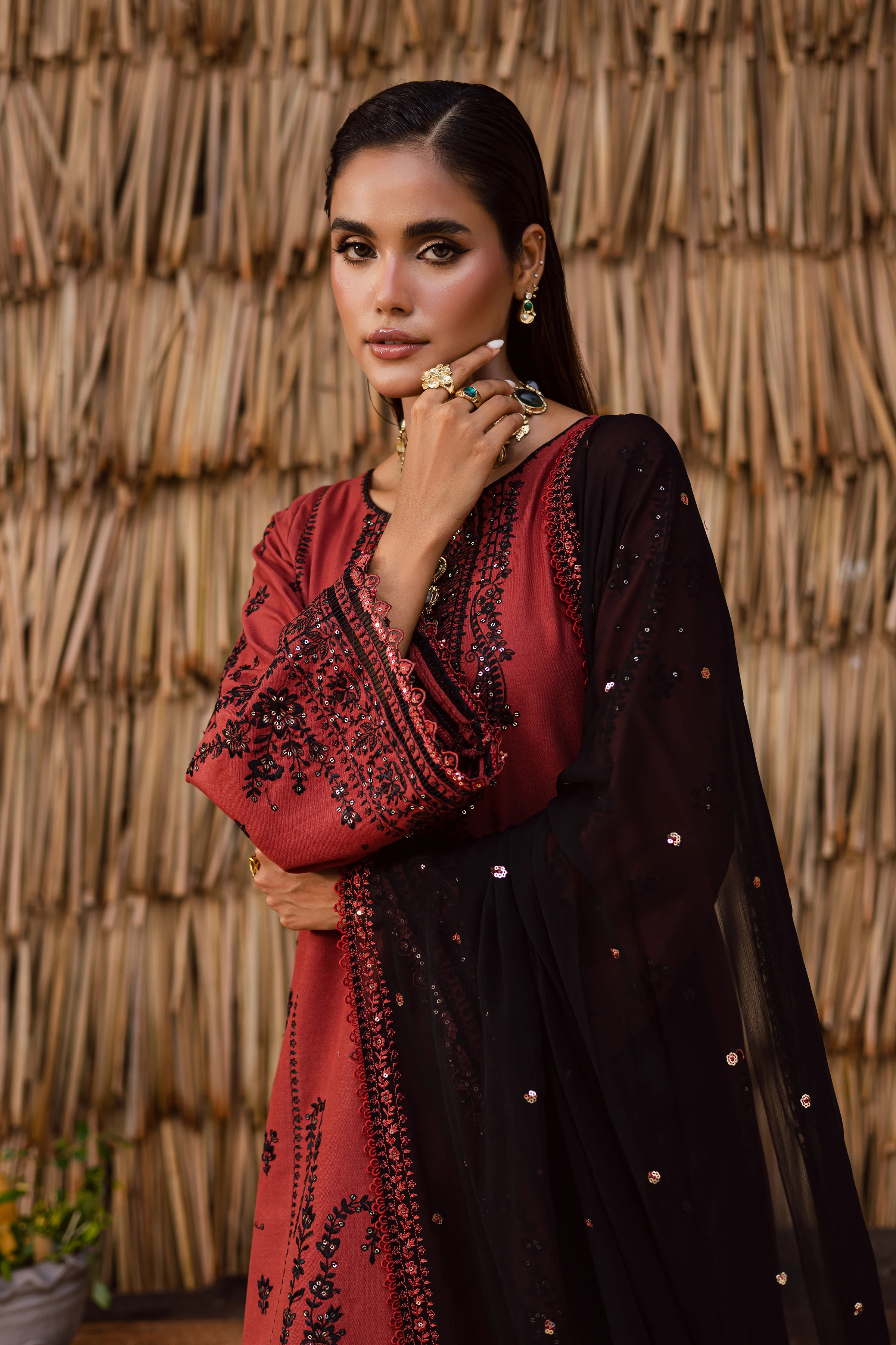 Terracotta 3Pc - Embroidered Khaddar Dress - Image 6