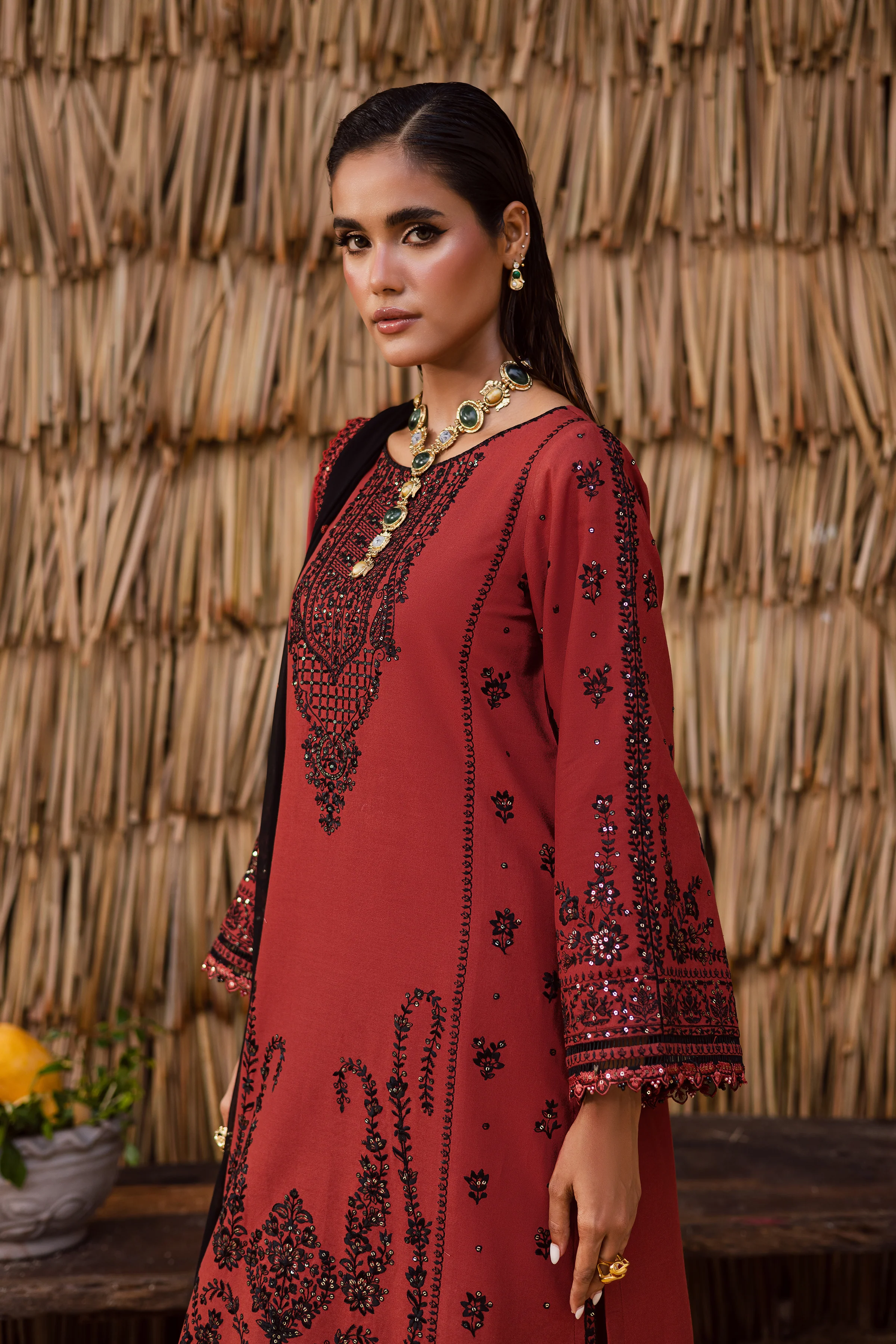 Terracotta 3Pc - Embroidered Khaddar Dress - Image 7