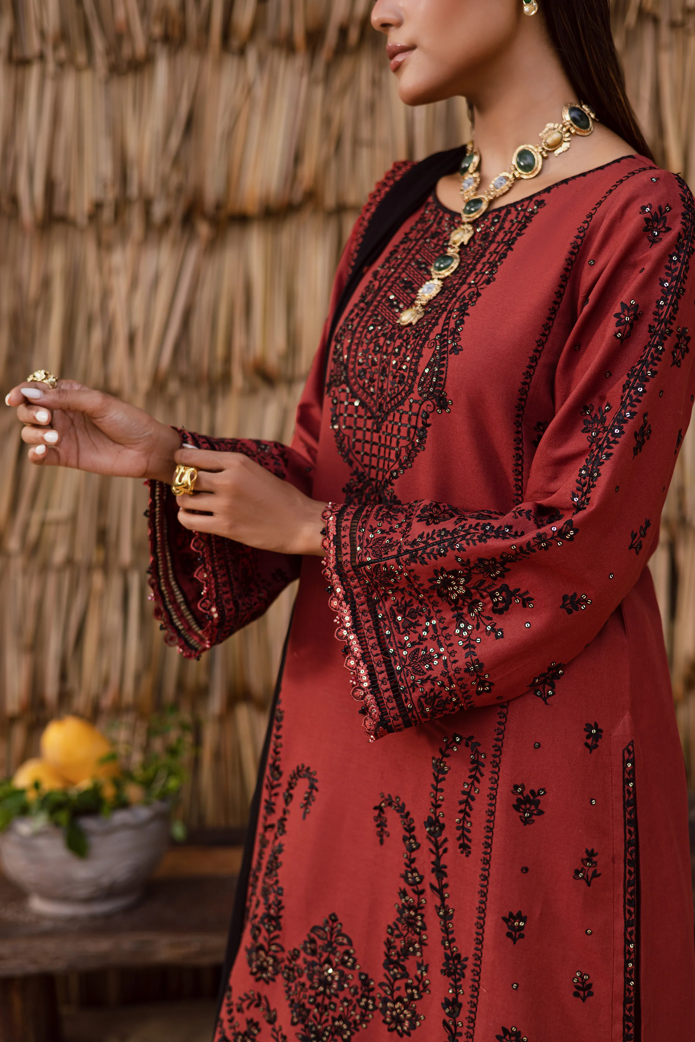 Terracotta 3Pc - Embroidered Khaddar Dress - Image 8