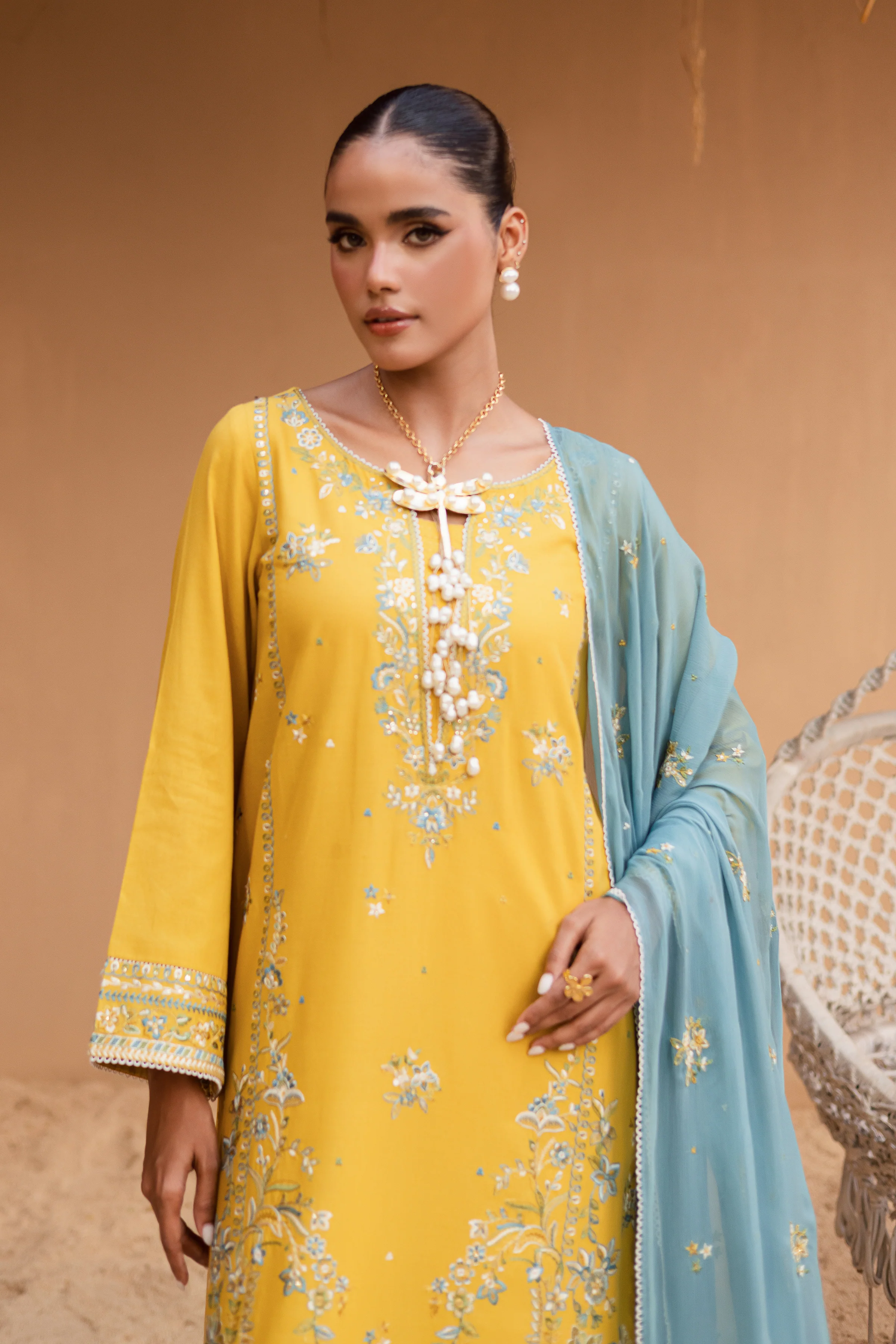 Yellow Castor 3Pc - Embroidered Khaddar Dress - Image 3