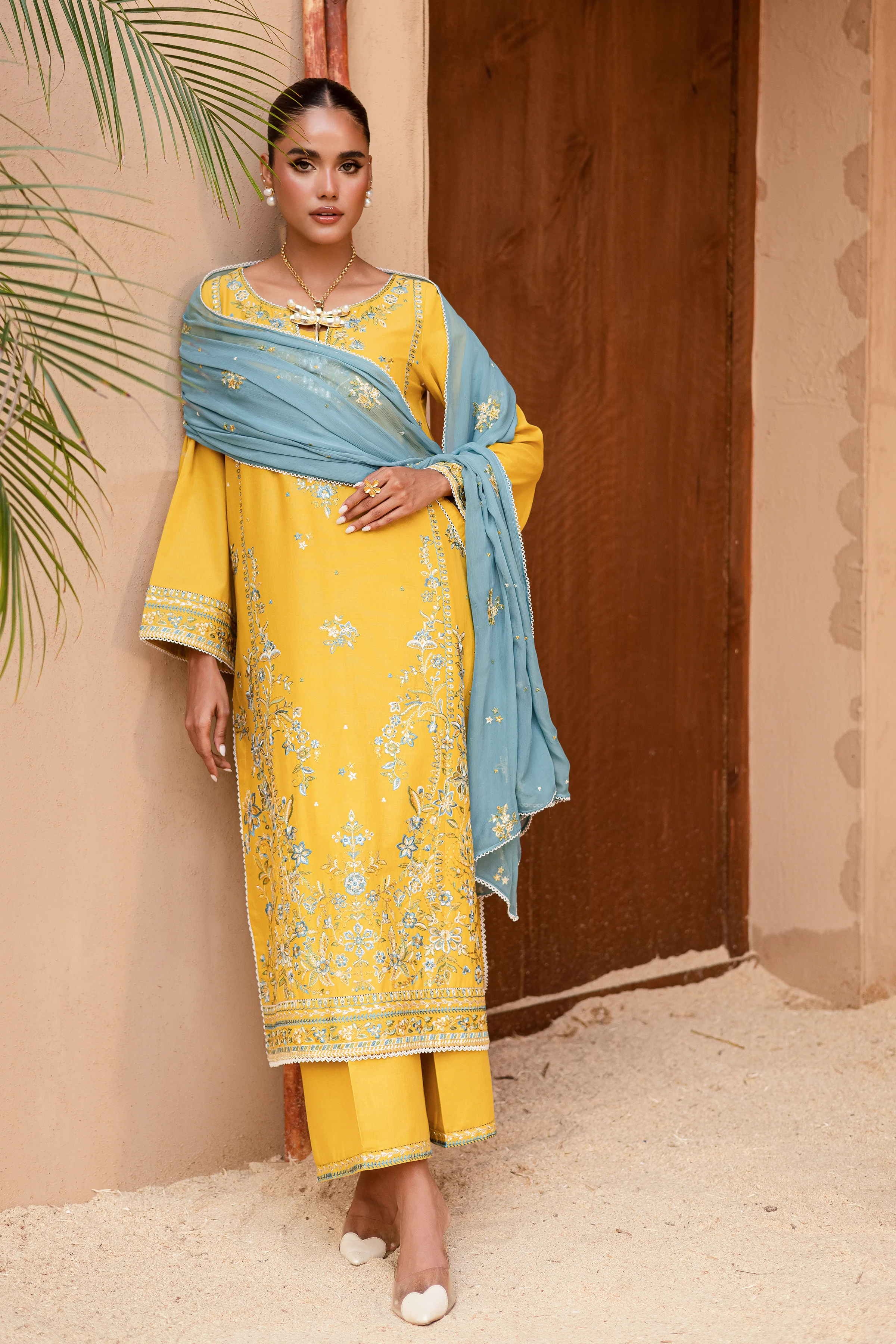 Yellow Castor 3Pc - Embroidered Khaddar Dress - Image 4