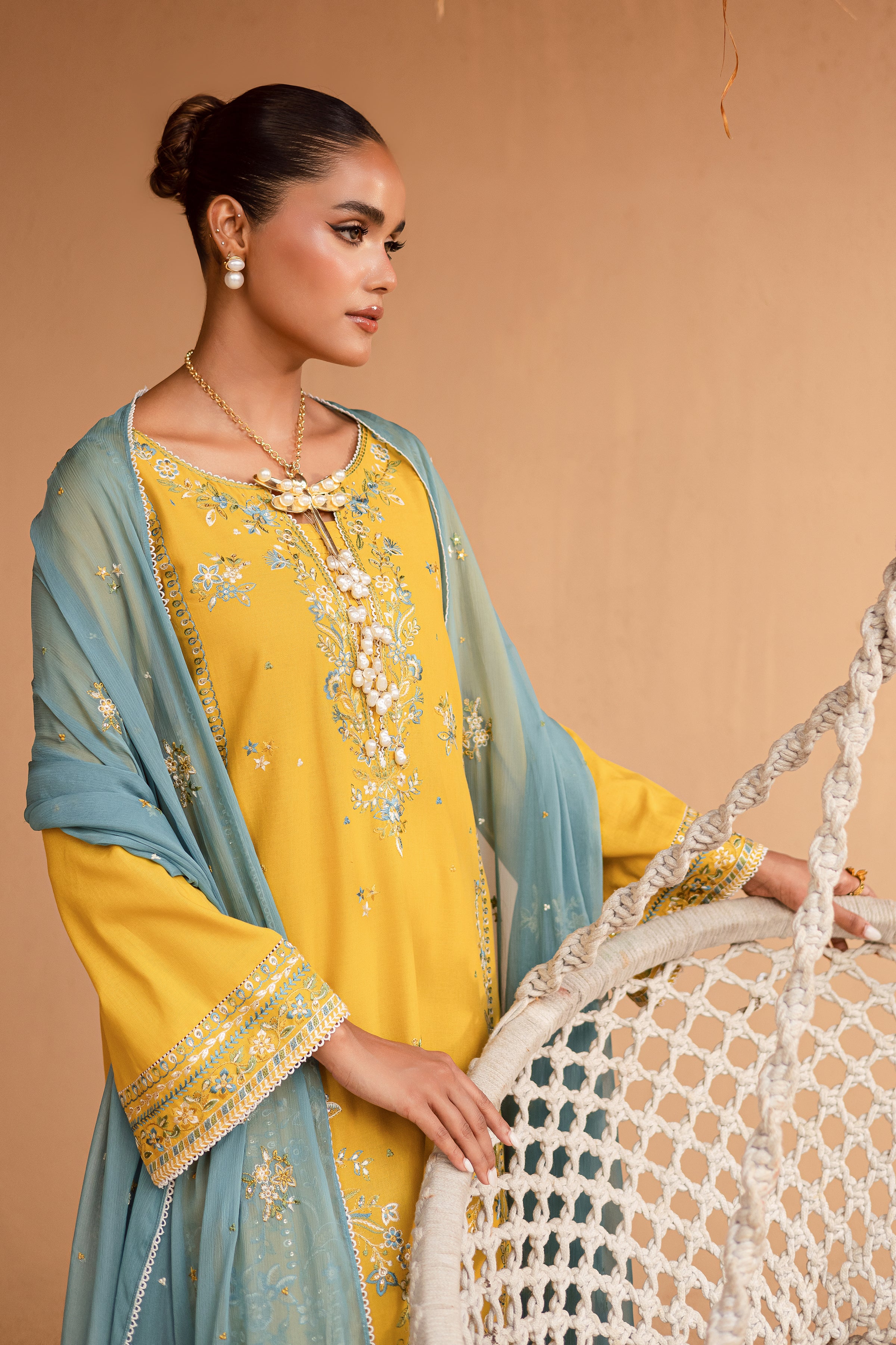 Yellow Castor 3Pc - Embroidered Khaddar Dress - Image 5