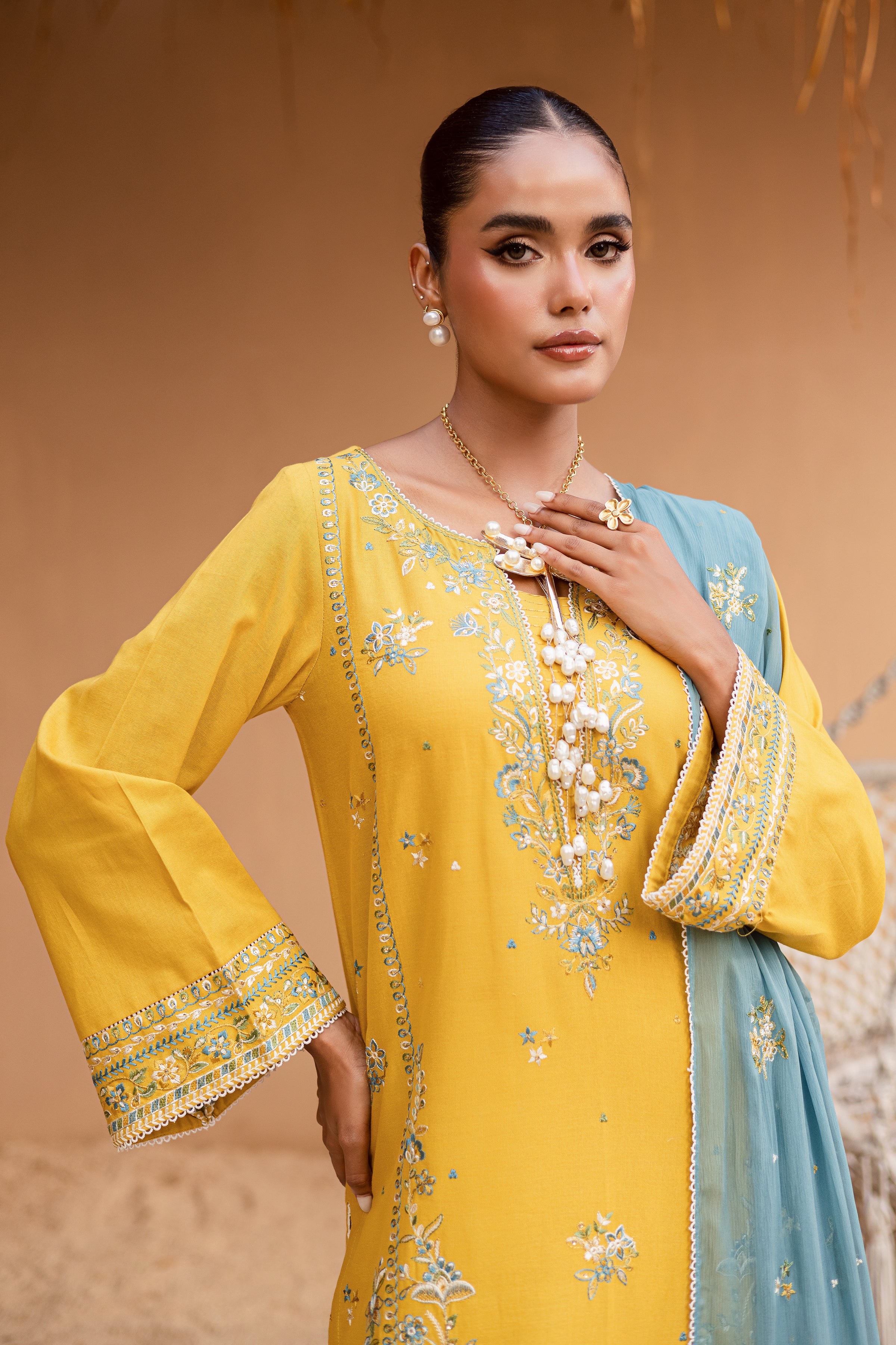 Yellow Castor 3Pc - Embroidered Khaddar Dress - Image 6