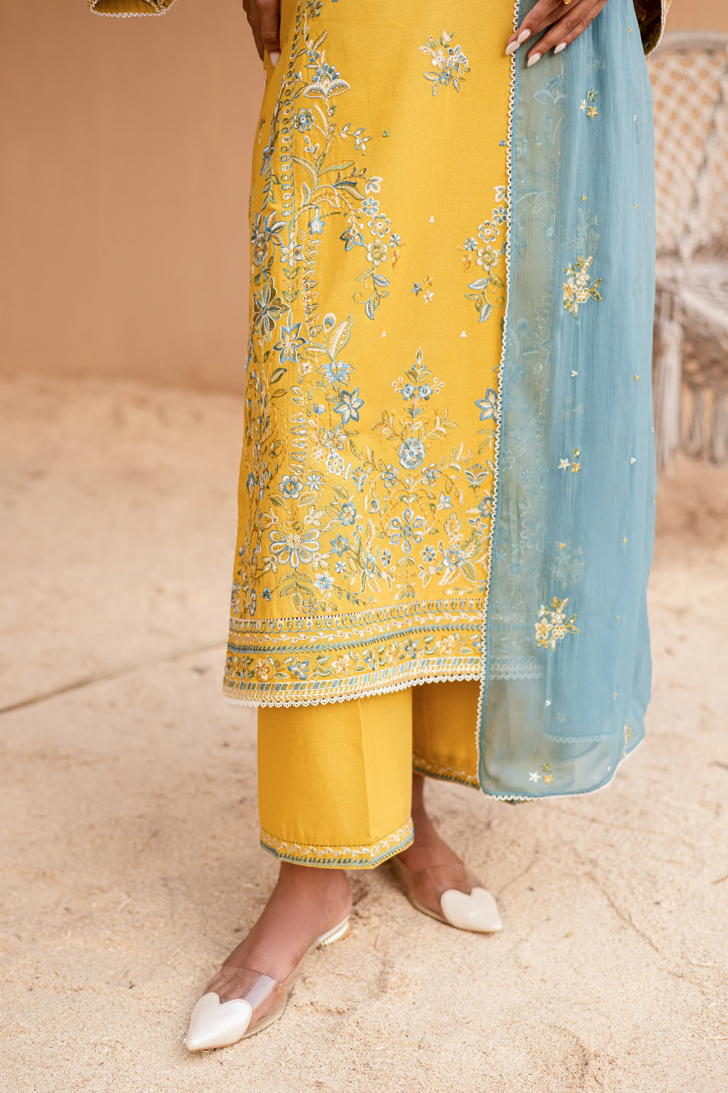 Yellow Castor 3Pc - Embroidered Khaddar Dress - Image 7