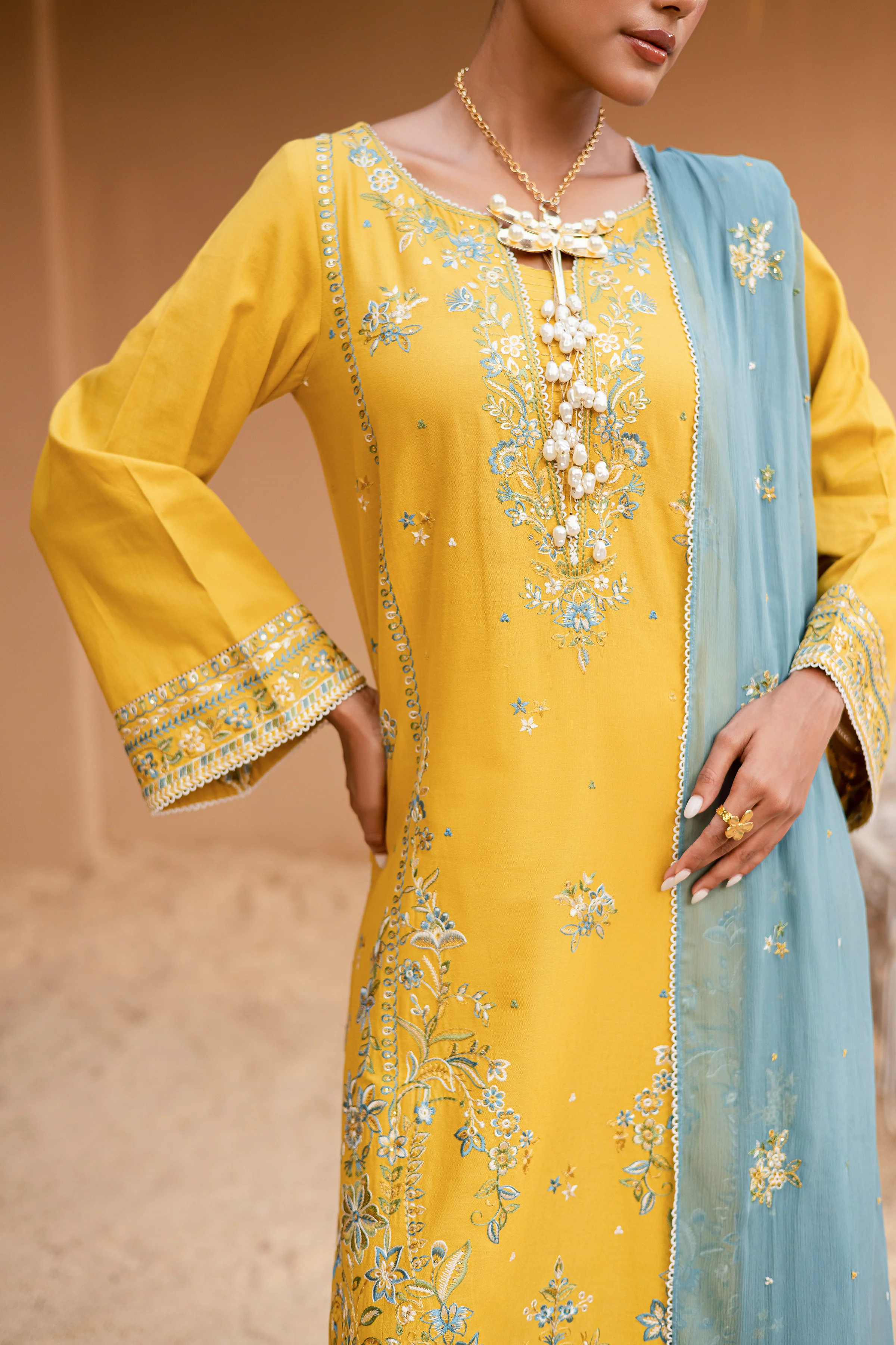 Yellow Castor 3Pc - Embroidered Khaddar Dress - Image 8