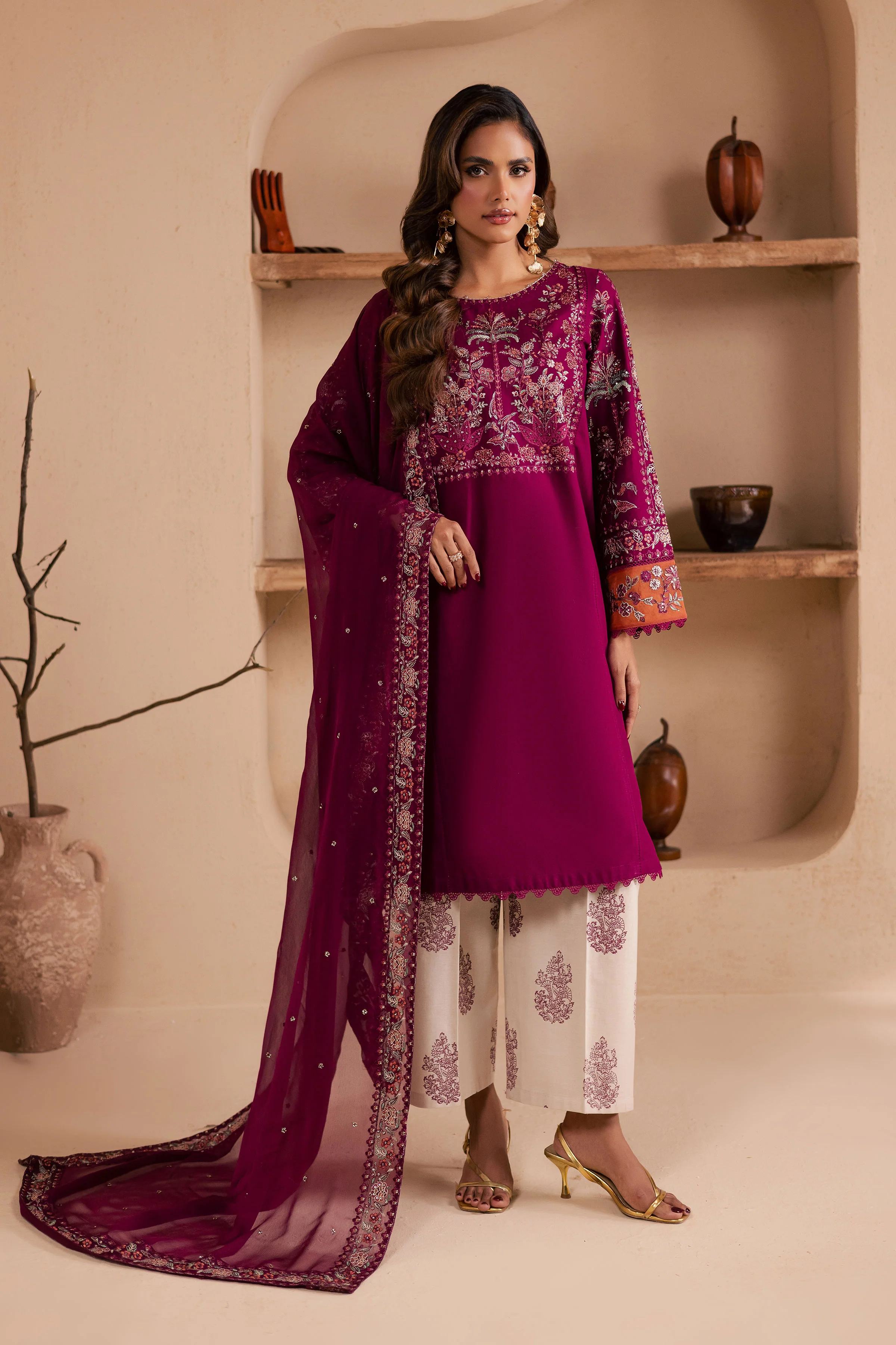 Zeva 3Pc - Embroidered Khaddar Dress